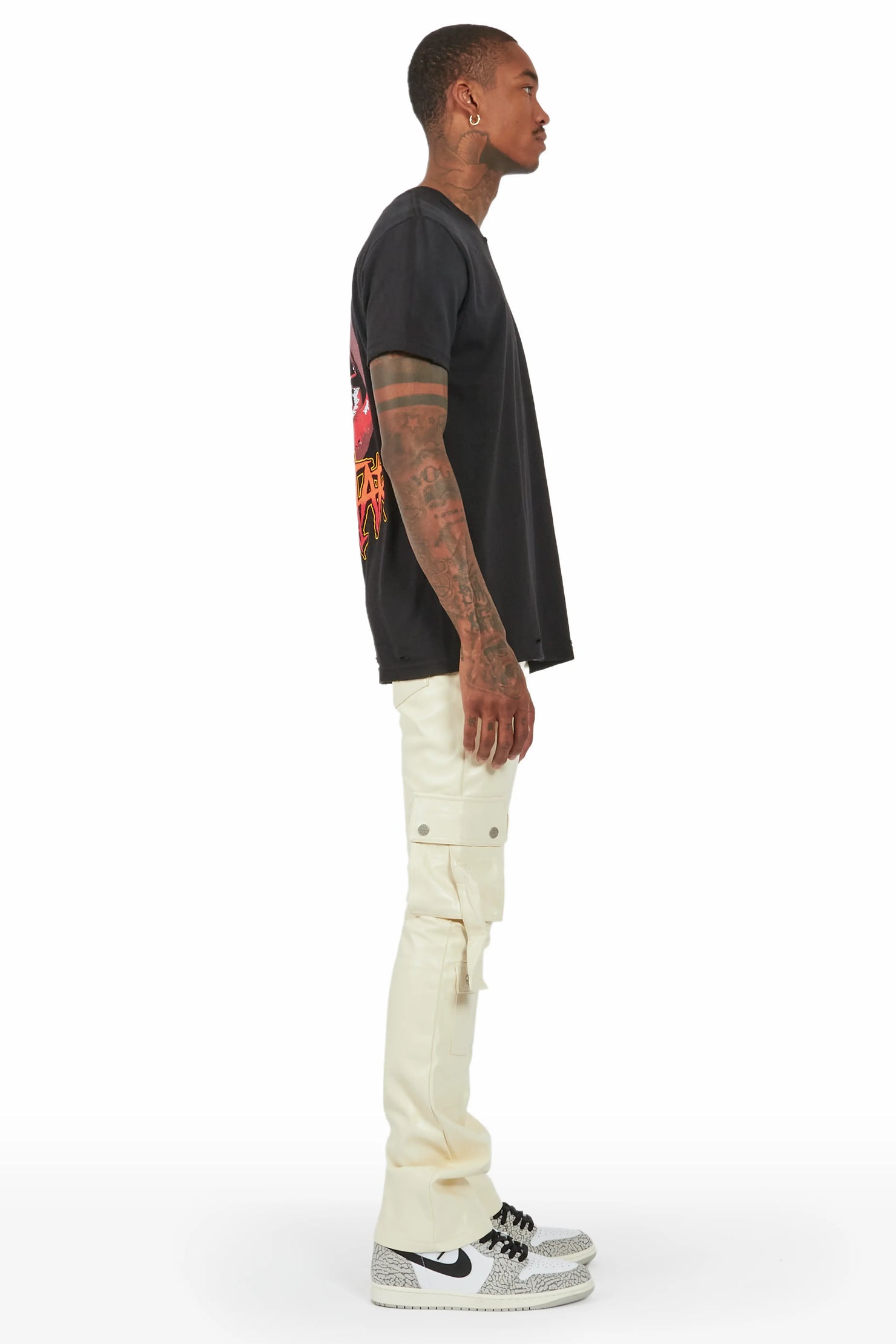 Errol Cream Faux Leather Stacked Cargo Jean