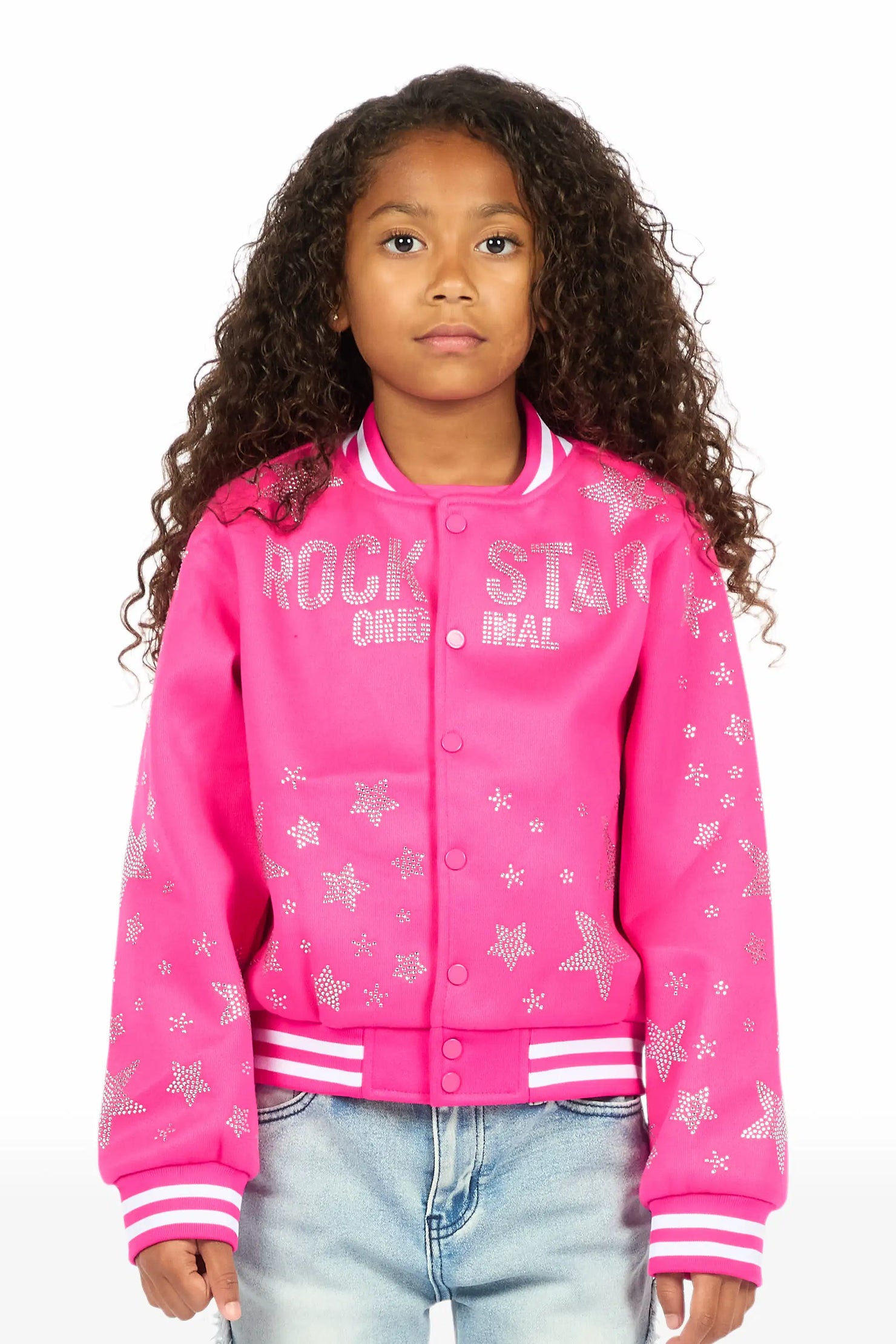 Girls Shanda Pink Crop Varsity Jacket