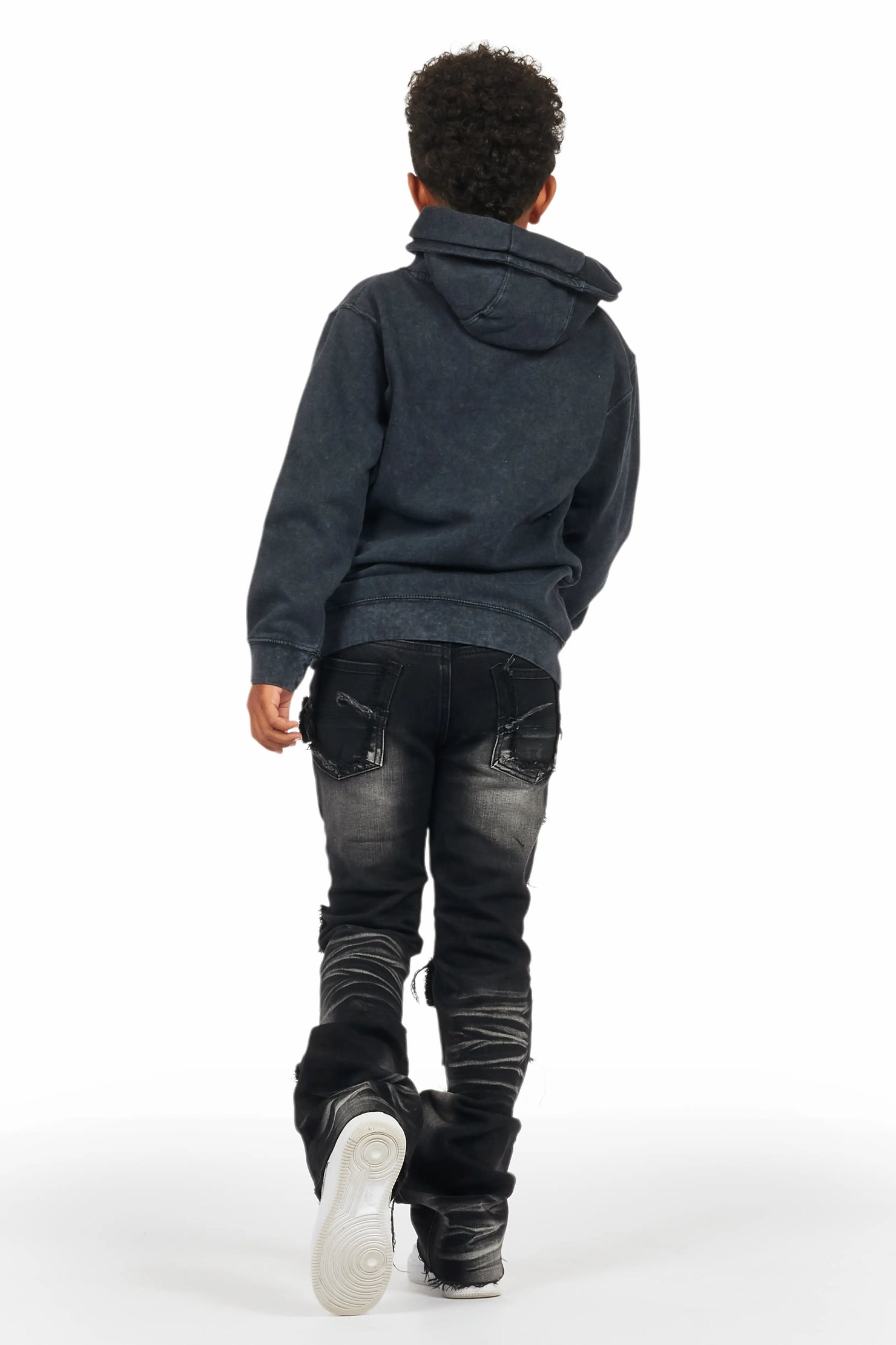 Boys Vicious Vintage Black Hoodie/Stacked Flare Jean Set