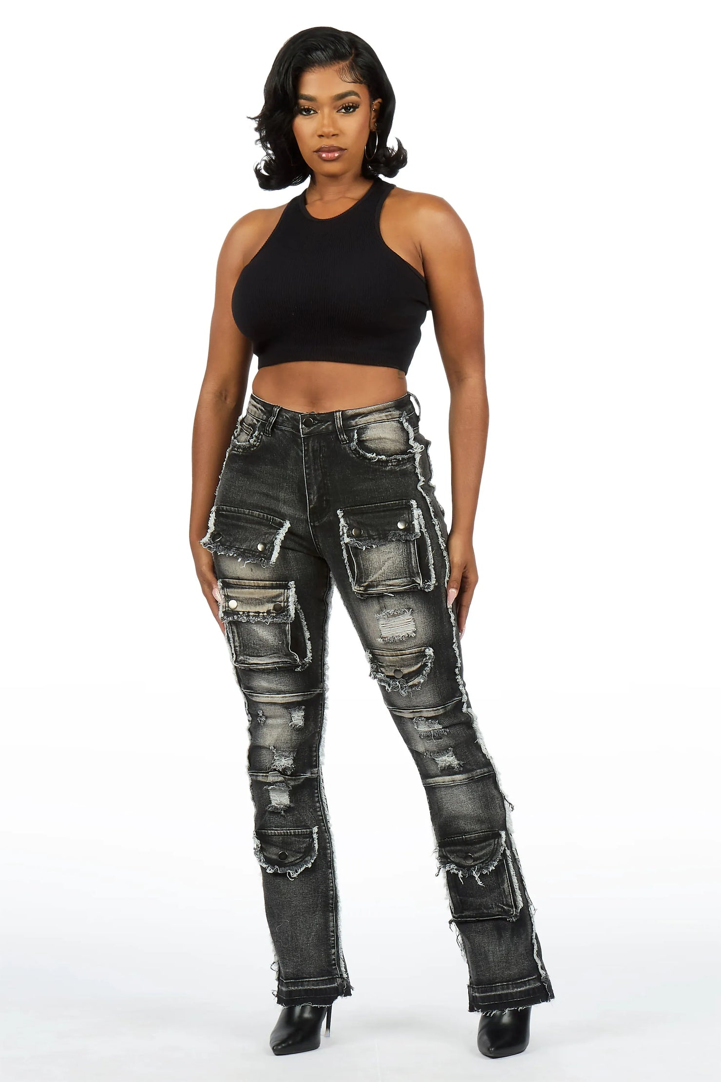 Nyxia Black Cargo Super Stacked Jean