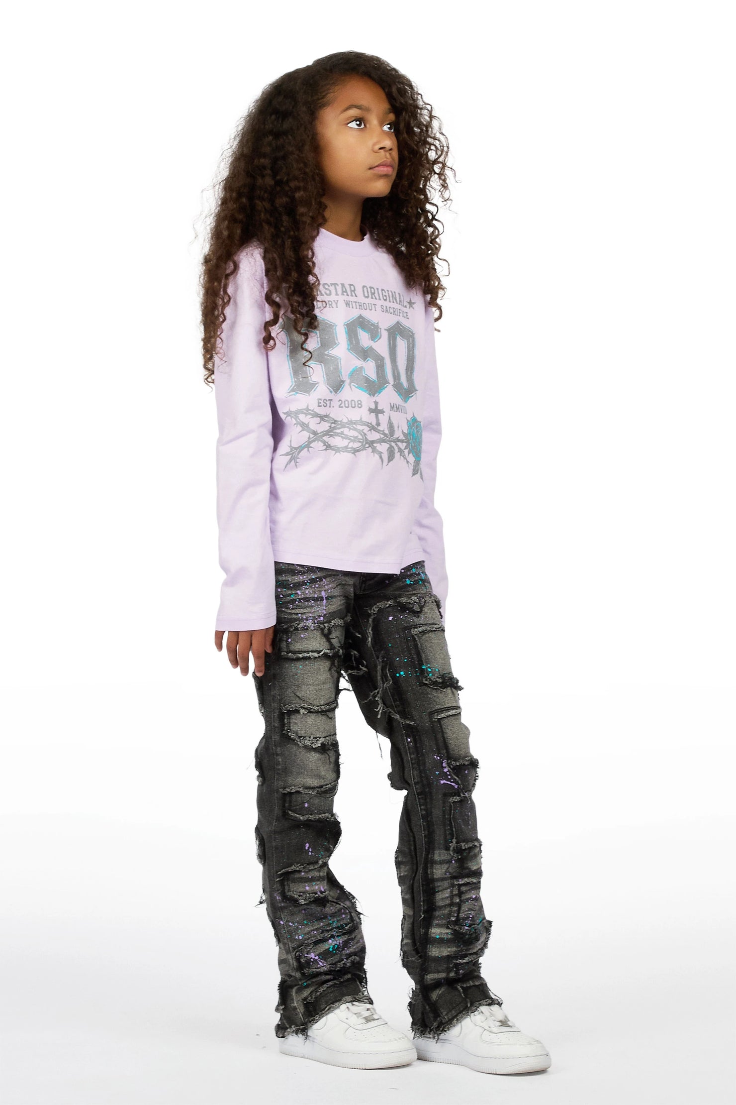 Girls Athena Lavender/Black Long Sleeve T-Shirt Stacked Painter Jean Set