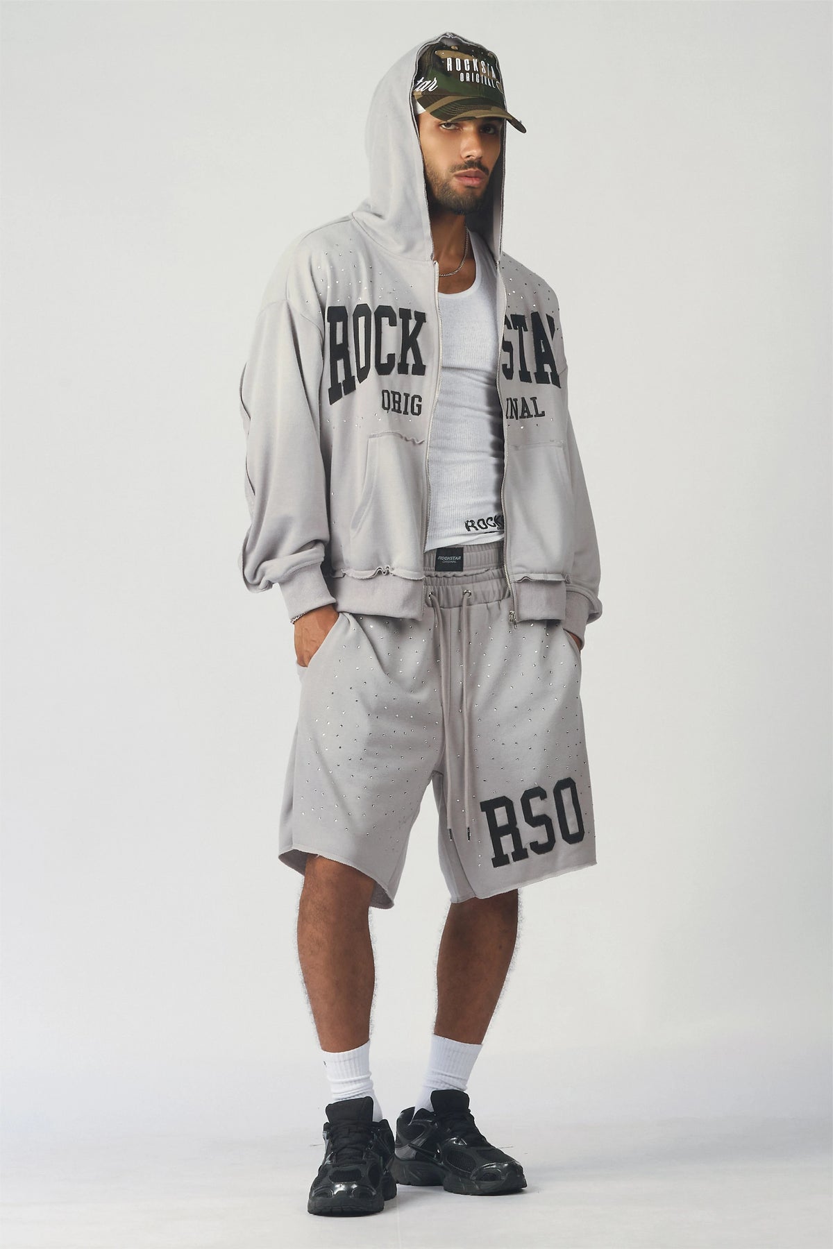 Akila Grey Rhinestone Hoodie Double Waisted Short Set