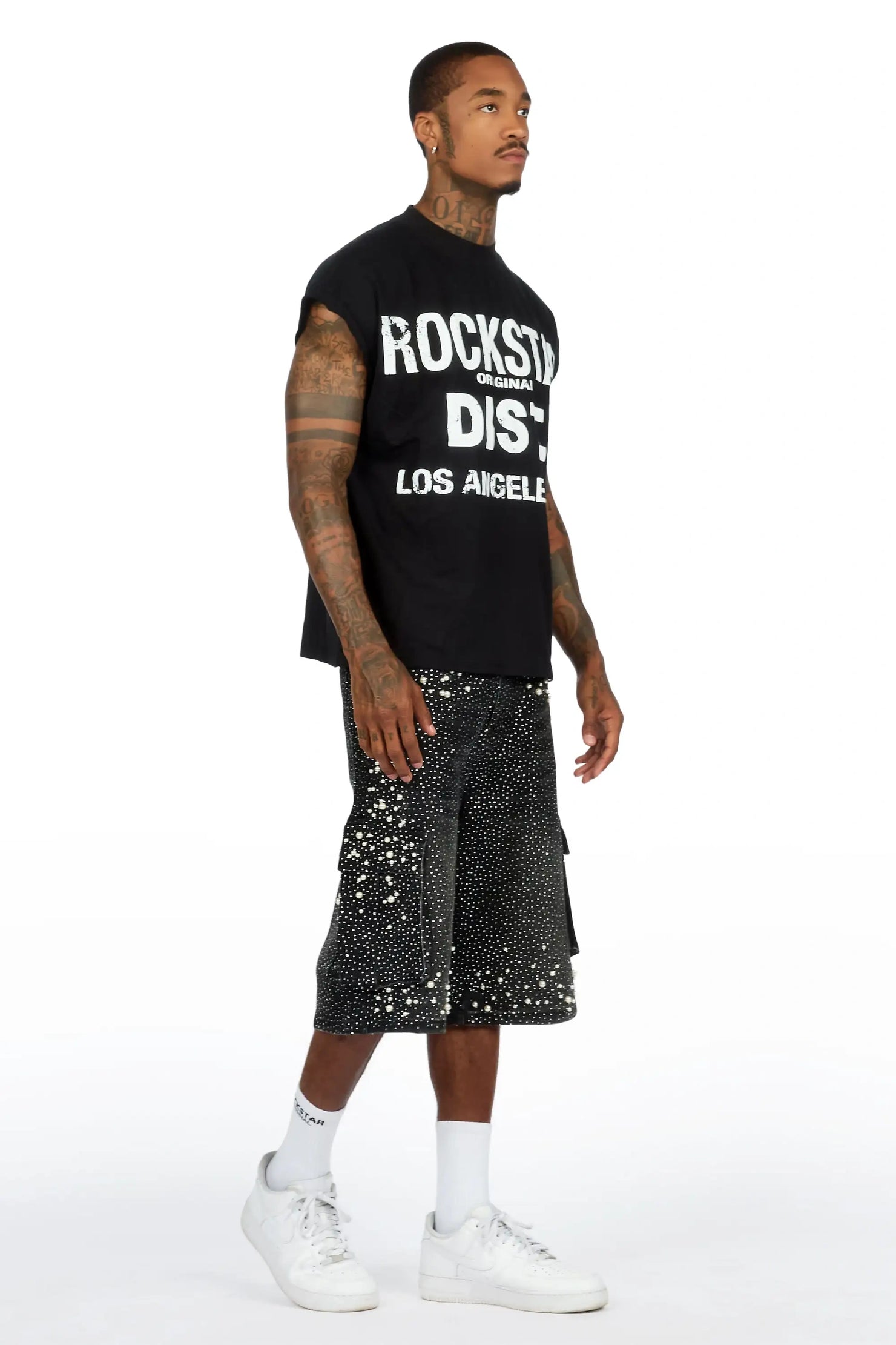 Sevyn Black/Black Rhinestone Cut Sleeve T-Shirt Denim Short Set
