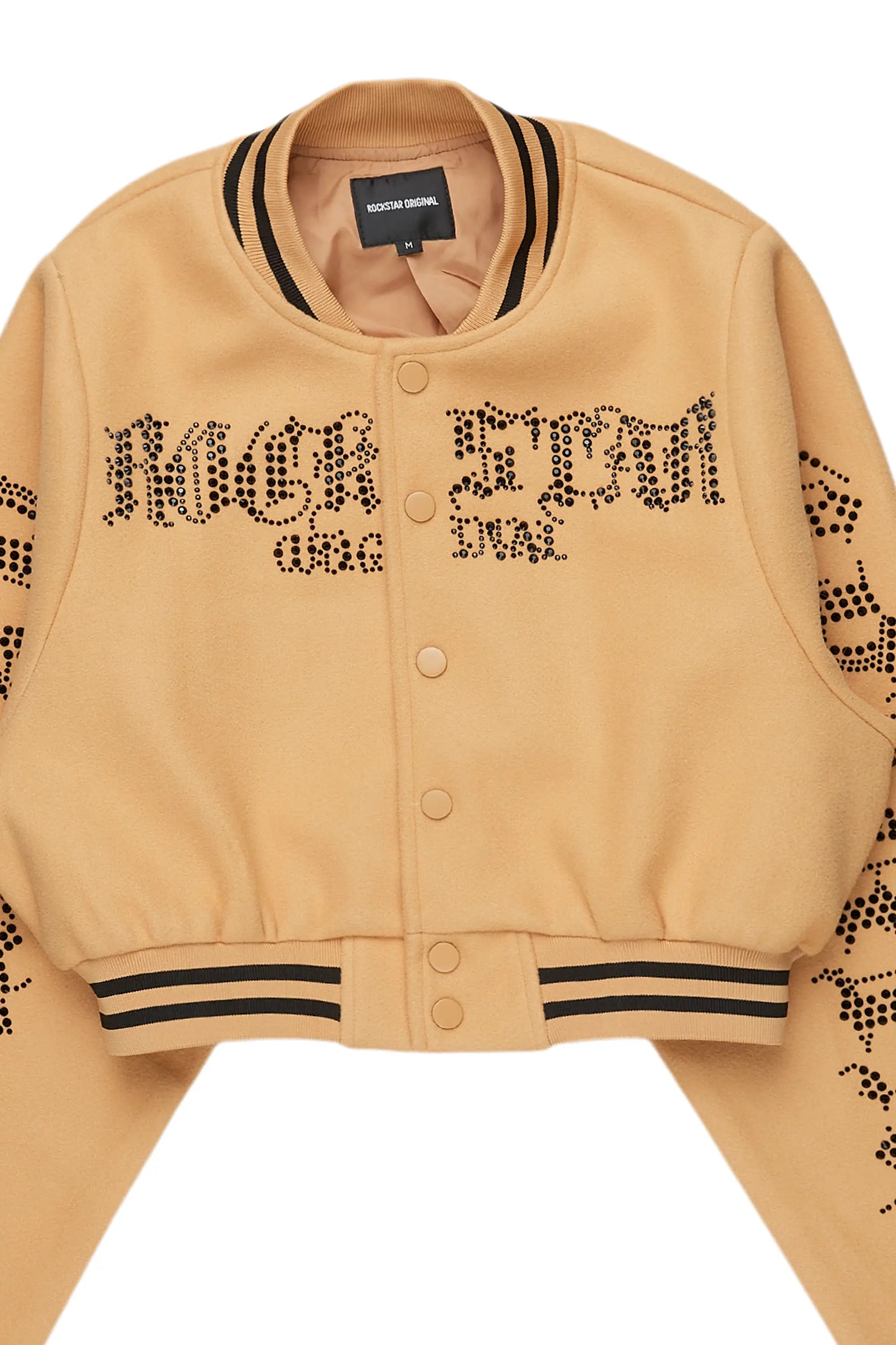 Gianni Tan Crop Rhinestone Varsity Jacket