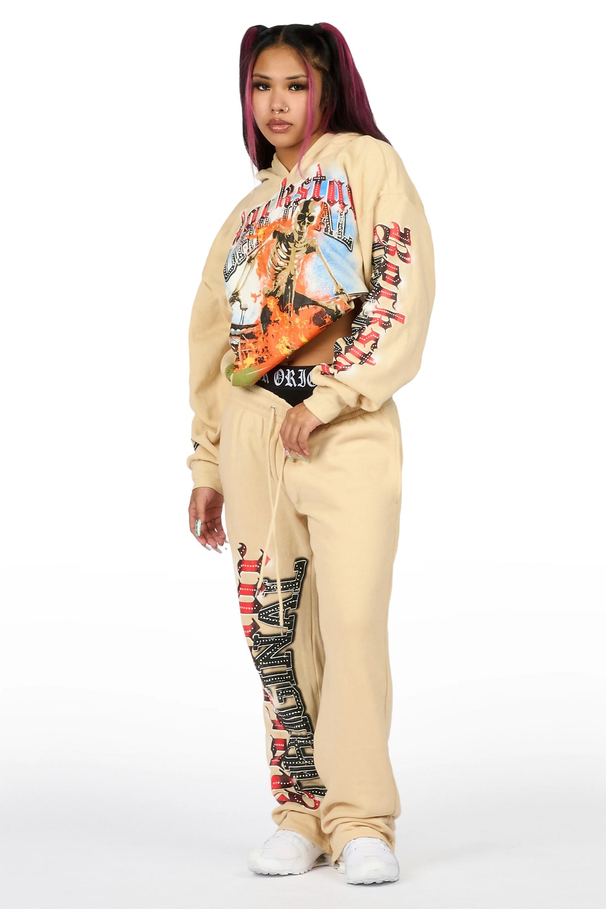 Zarina Beige Graphic Baggy Fit Track Set