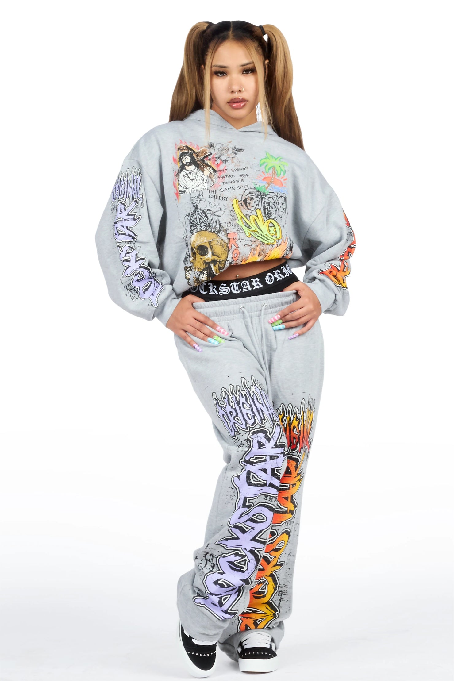 Luxoré Heather Grey Graphic Baggy Fit Track Set