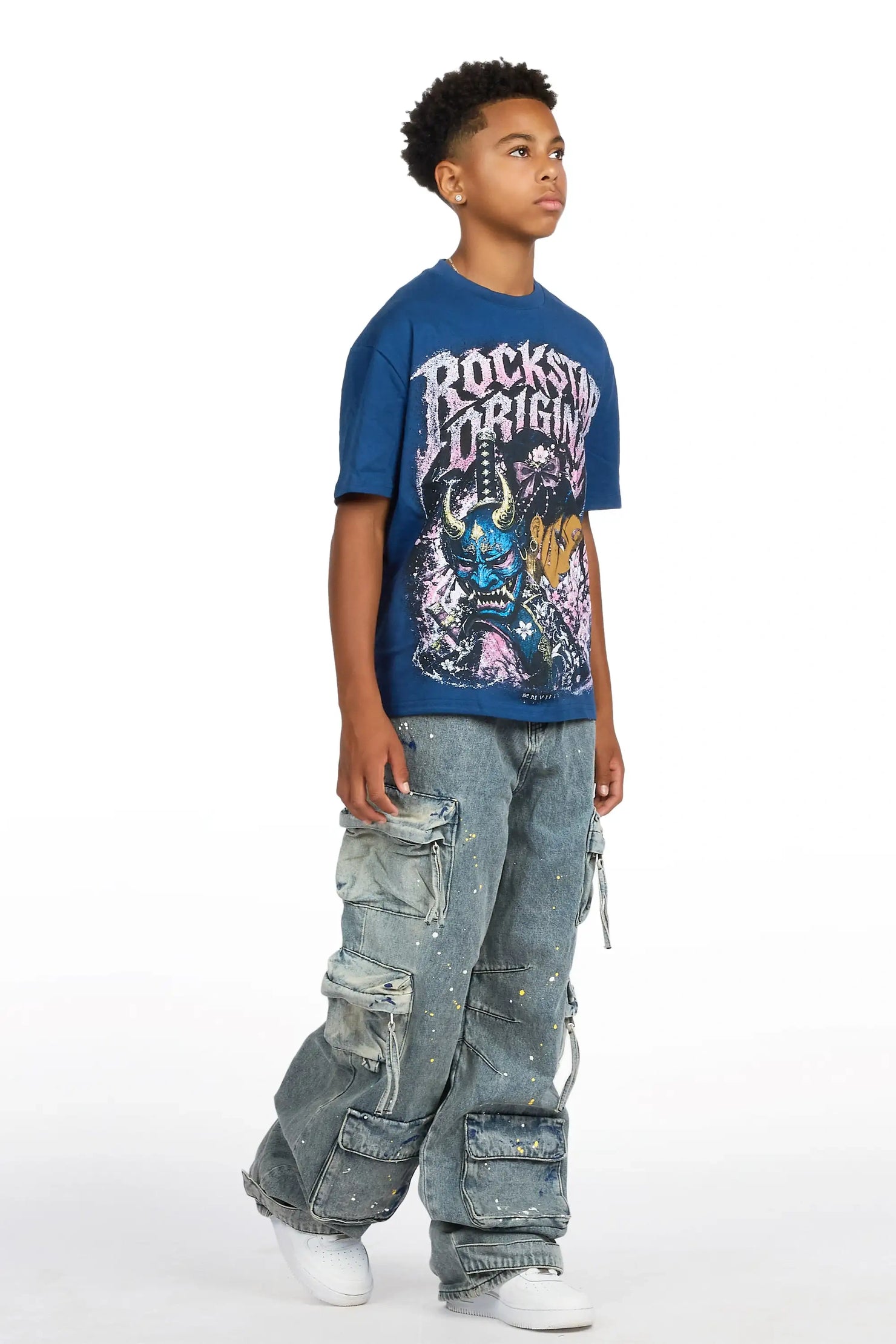 Boys Kavero Navy/Blue T-Shirt Painter Baggy Jean Set
