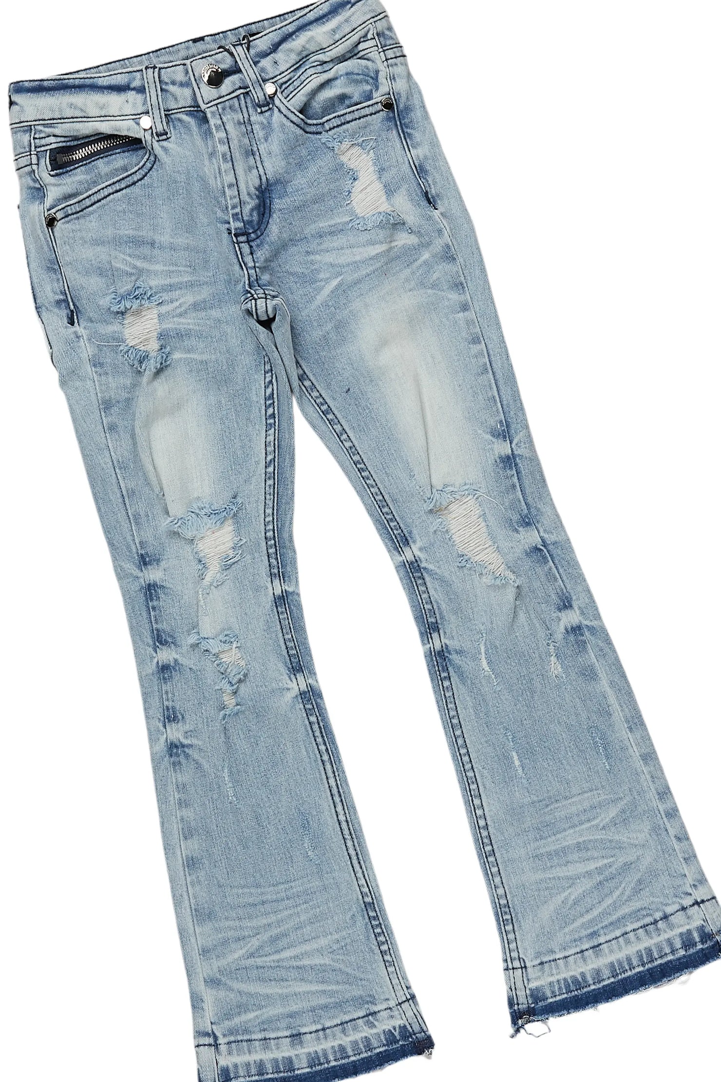 Girls Janny Grey/Blue Hoodie/Stacked Flare Jean Set