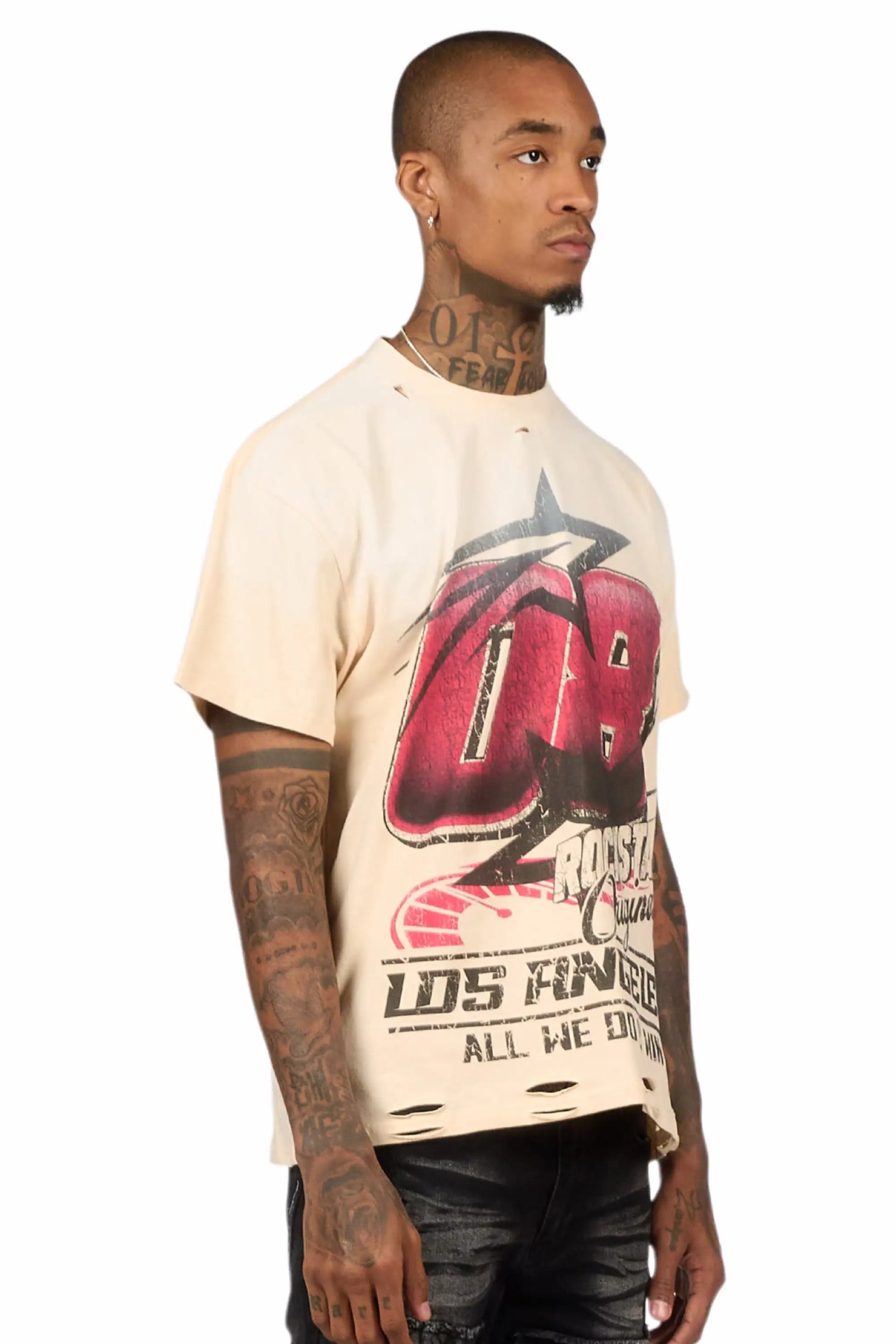 Kastell Sand Oversized Distressed Graphic T-Shirt