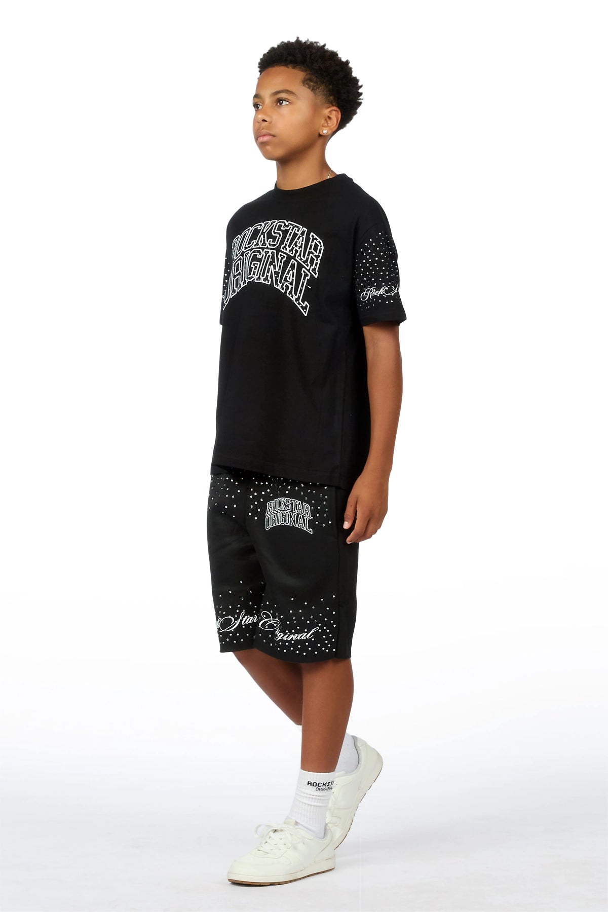 Boys Dripped Black Rhinestone Oversized T-Shirt/Short Set