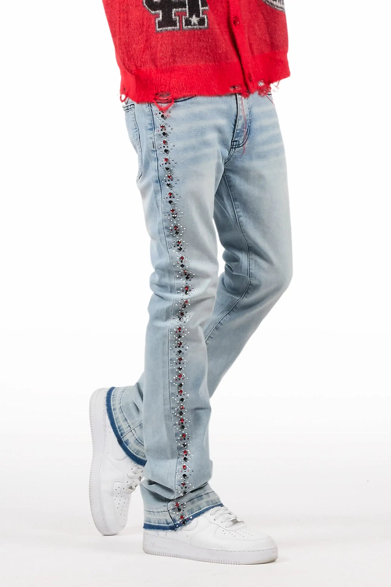 Ozi Rhinestone Light Blue Stacked Flare Jean