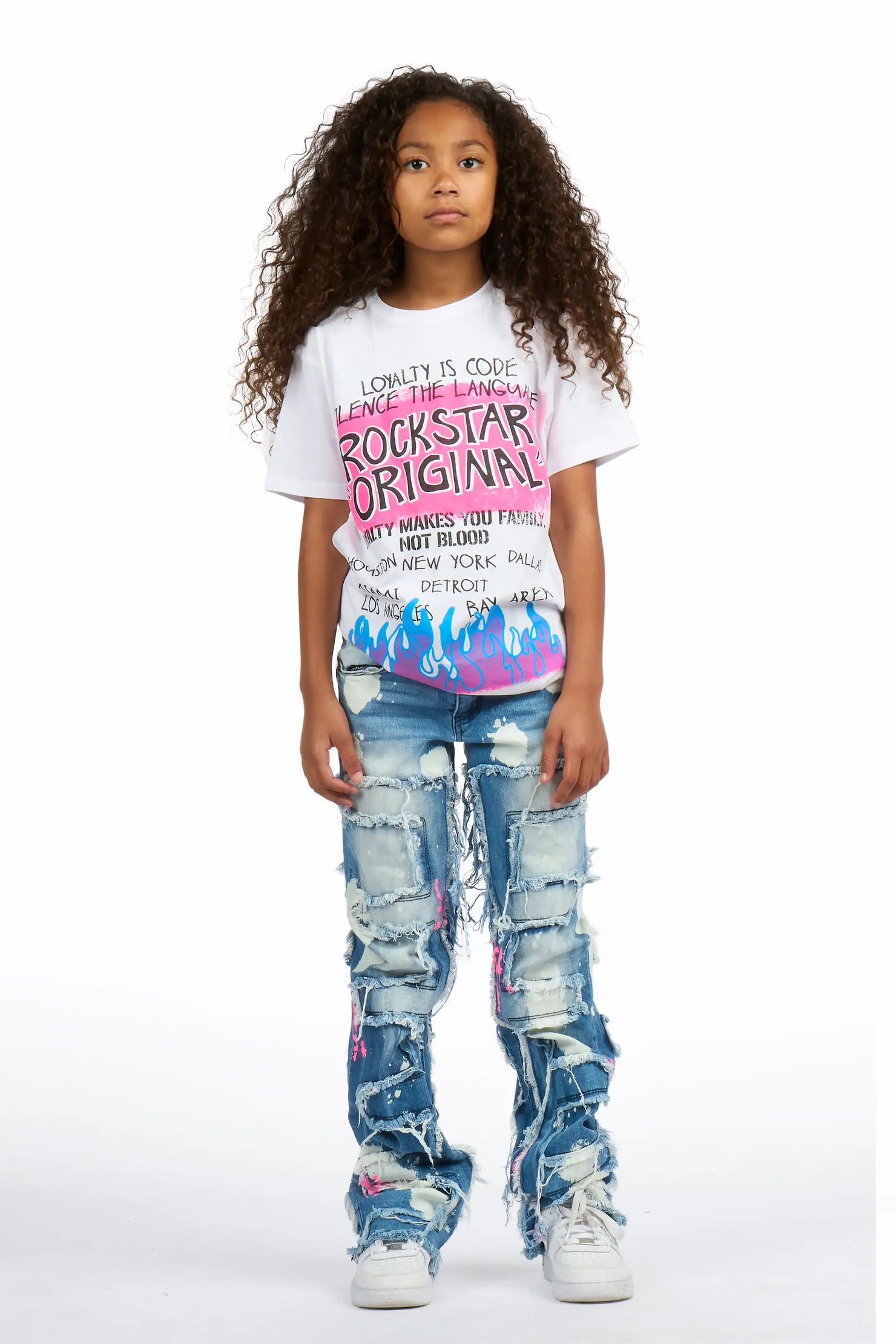Girls Bannie Blue/Pink Stacked Painter Flare Jean