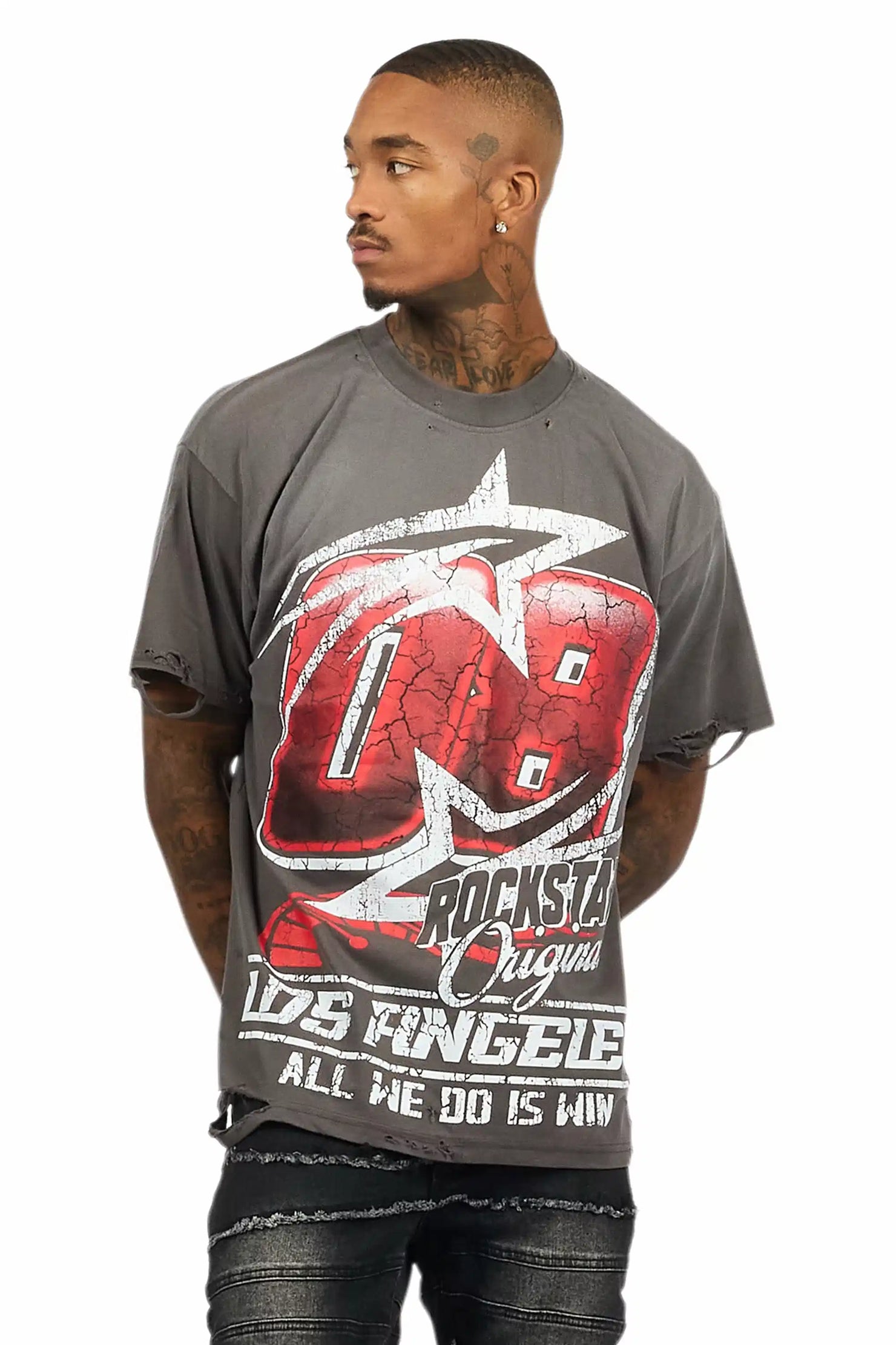 Kastell Vintage Grey Oversized Distressed Graphic T-Shirt