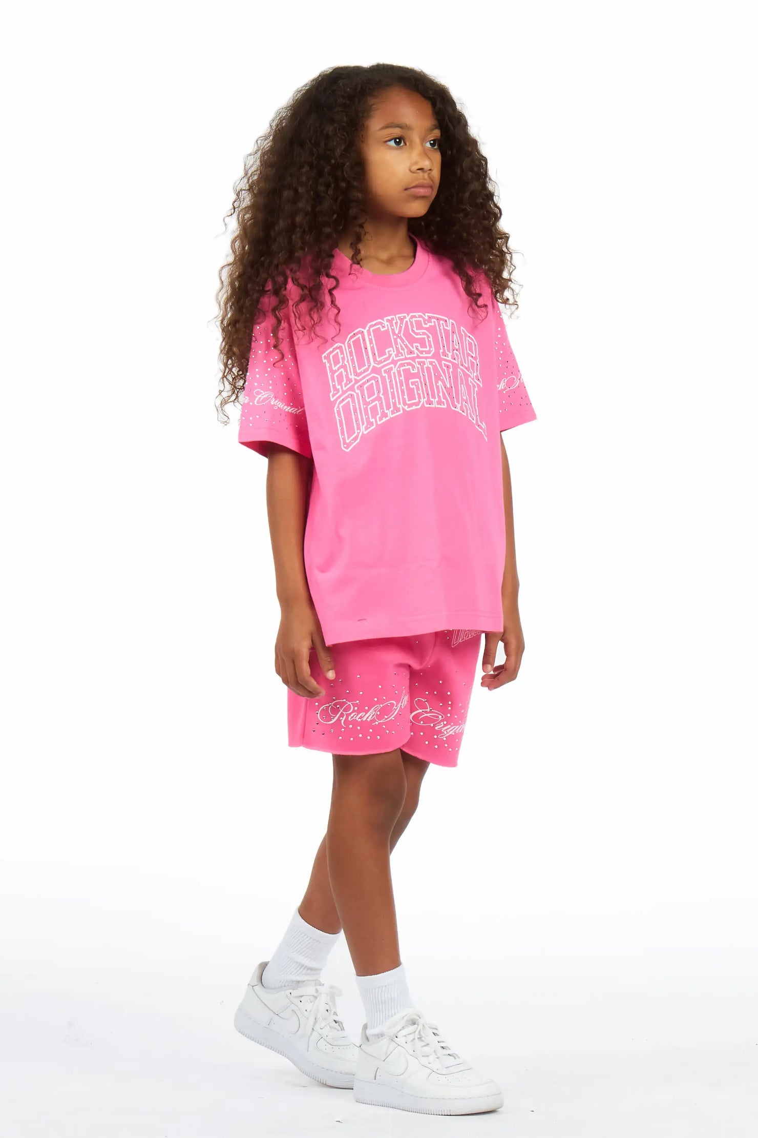 Girls Lakisha Pink Rhinestone Oversized T-Shirt Short Set