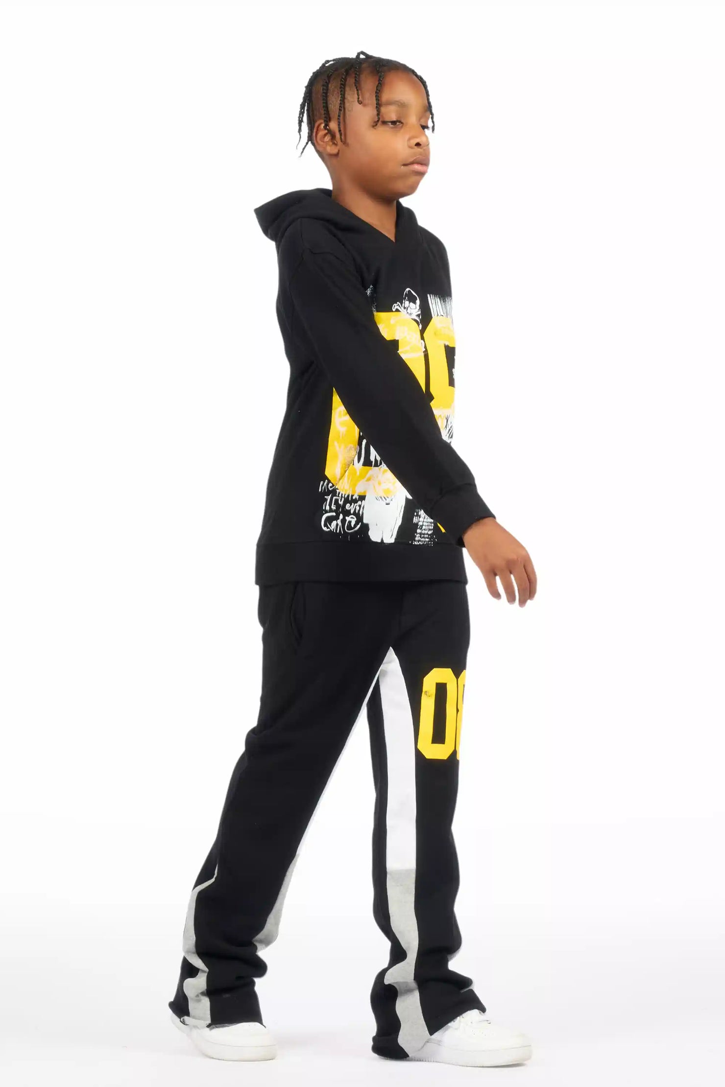 Boys Beau Black/Yellow Hoodie Stacked Flare Track Set