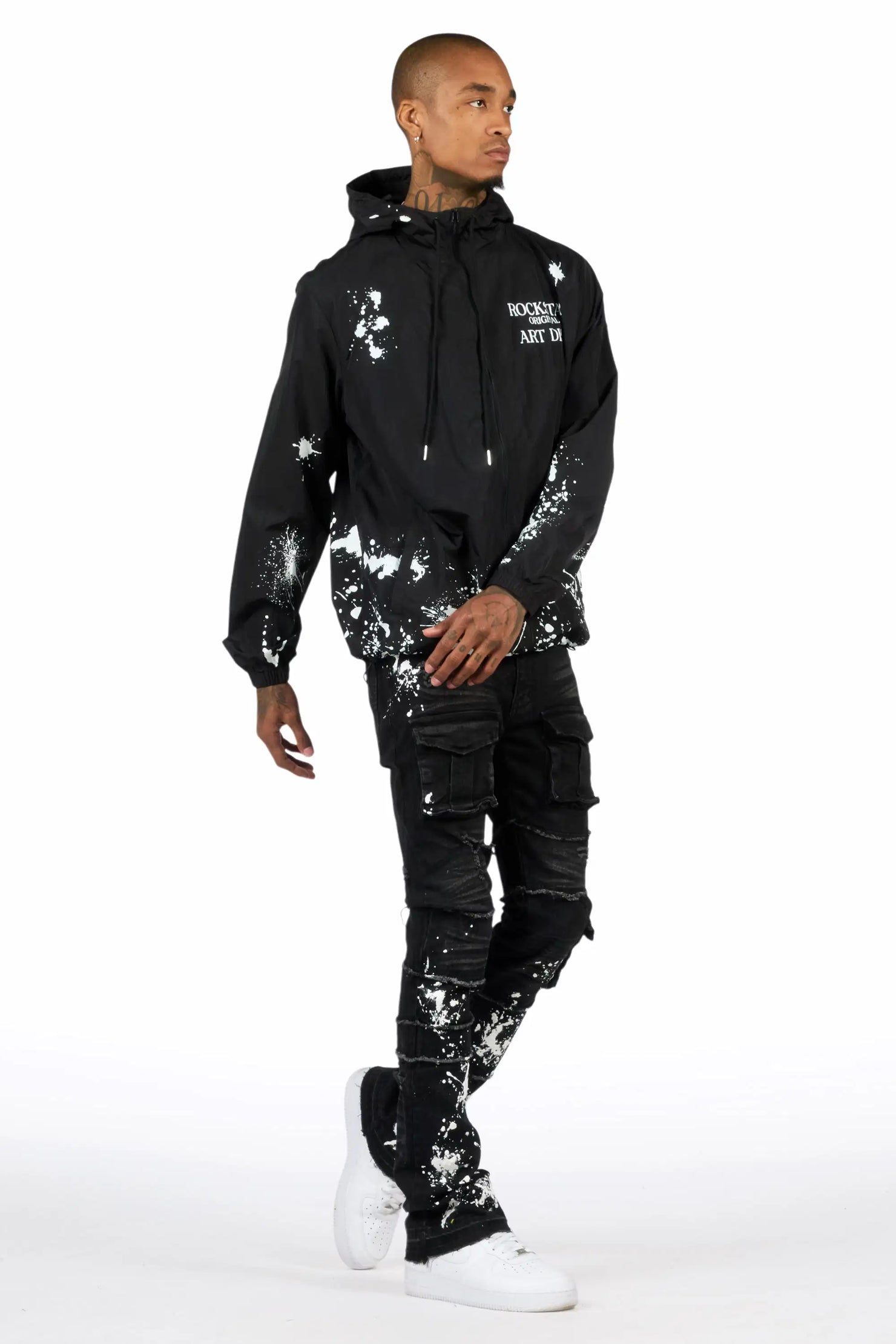 Raffer Black/Black Windbreaker/Stacked Cargo Flare Jean