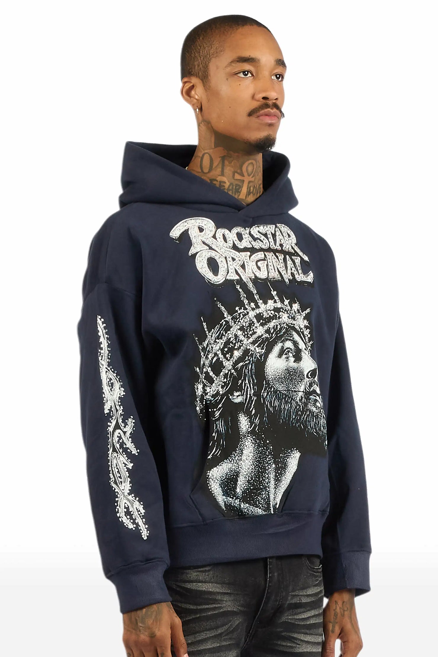 Darius Navy Rhinestone Oversized Hoodie