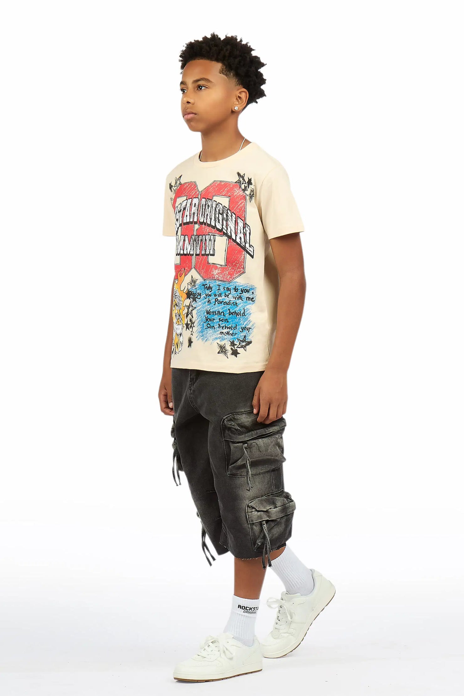 Boys Jesus Crayon Sand/Black T-Shirt/Denim Jort Set
