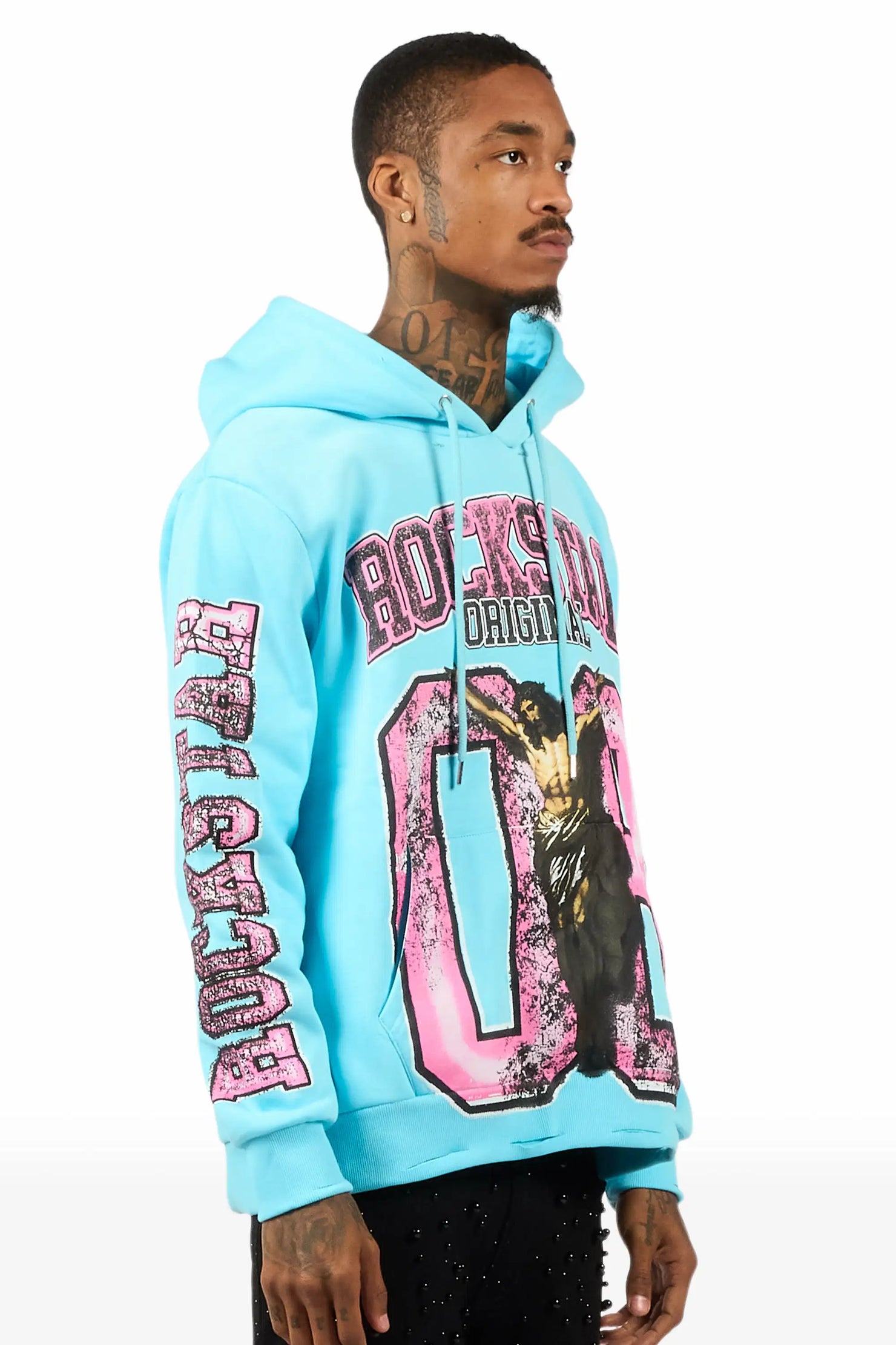 Fields Baby Blue Distressed Graphic Hoodie