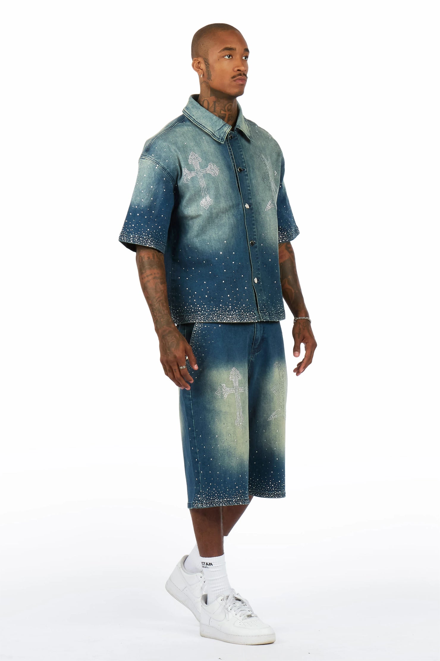 Clemente Medium Blue Rhinestone Button Down Shirt Denim Short Set