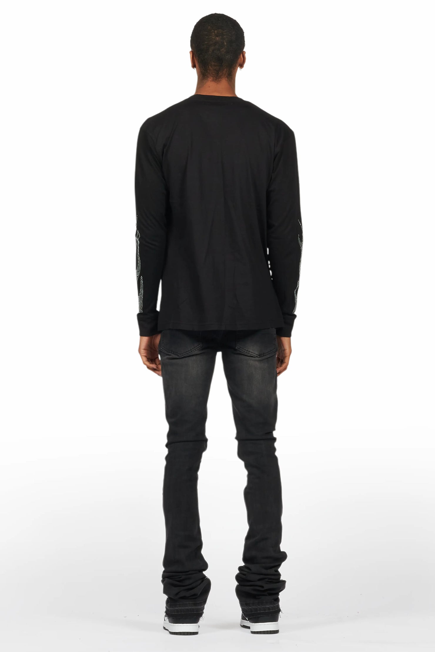 Amos Black Rhinestone Long Sleeve T-Shirt/Super Stacked Flare Jean Set