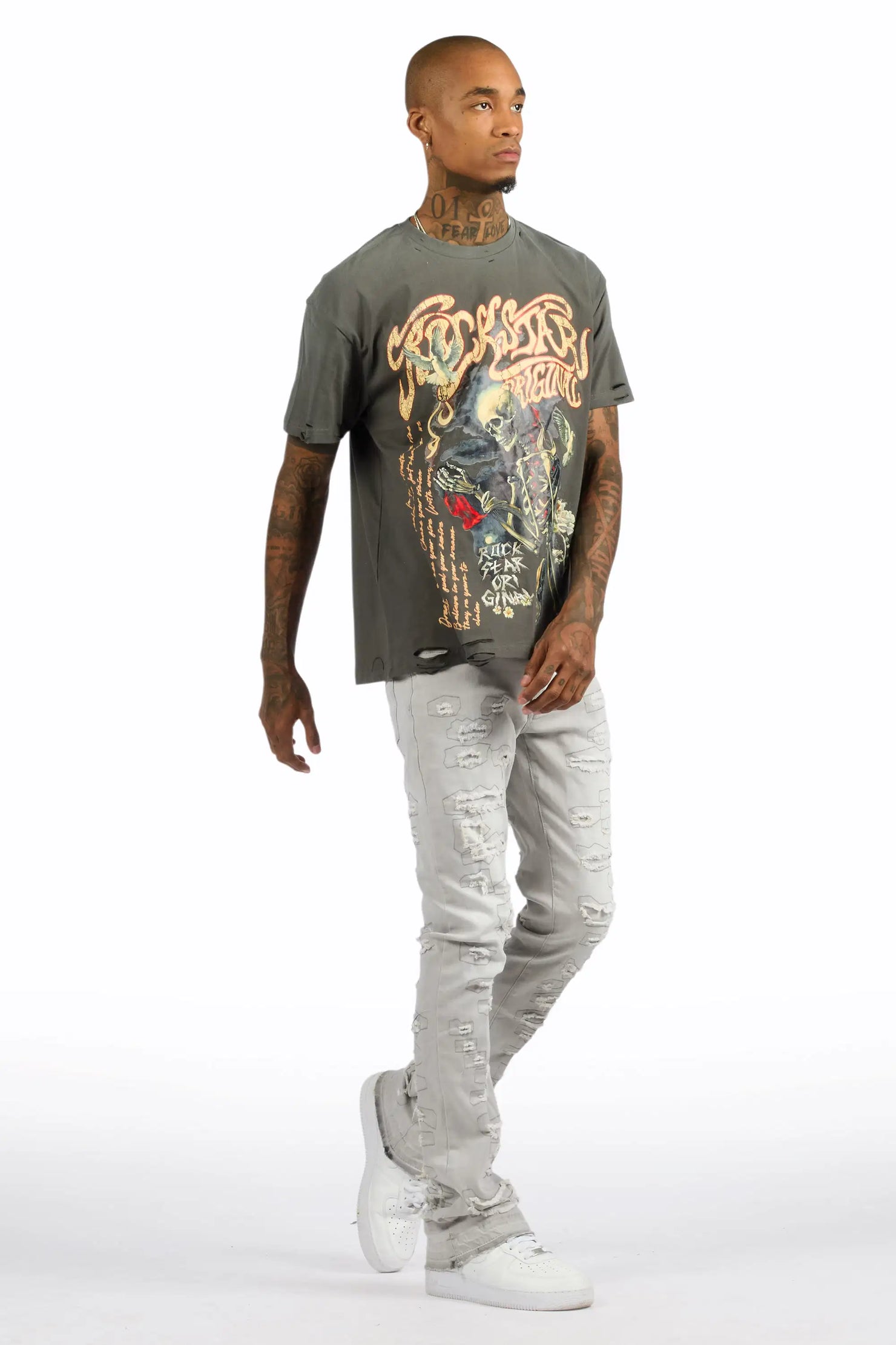 Danby Charcoal Oversized Graphic T-Shirt/Stacked Flare Jean Bundle