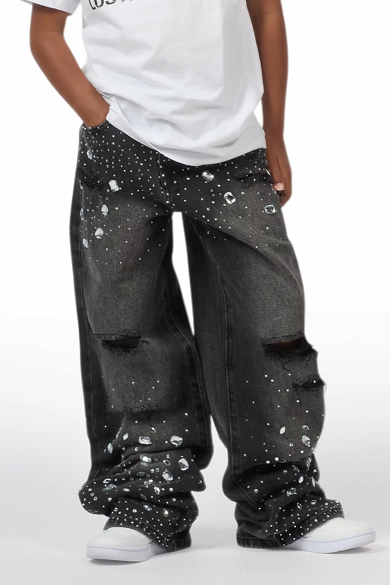 Boys Glanz Rhinestone Dark Grey Baggy Fit Jean
