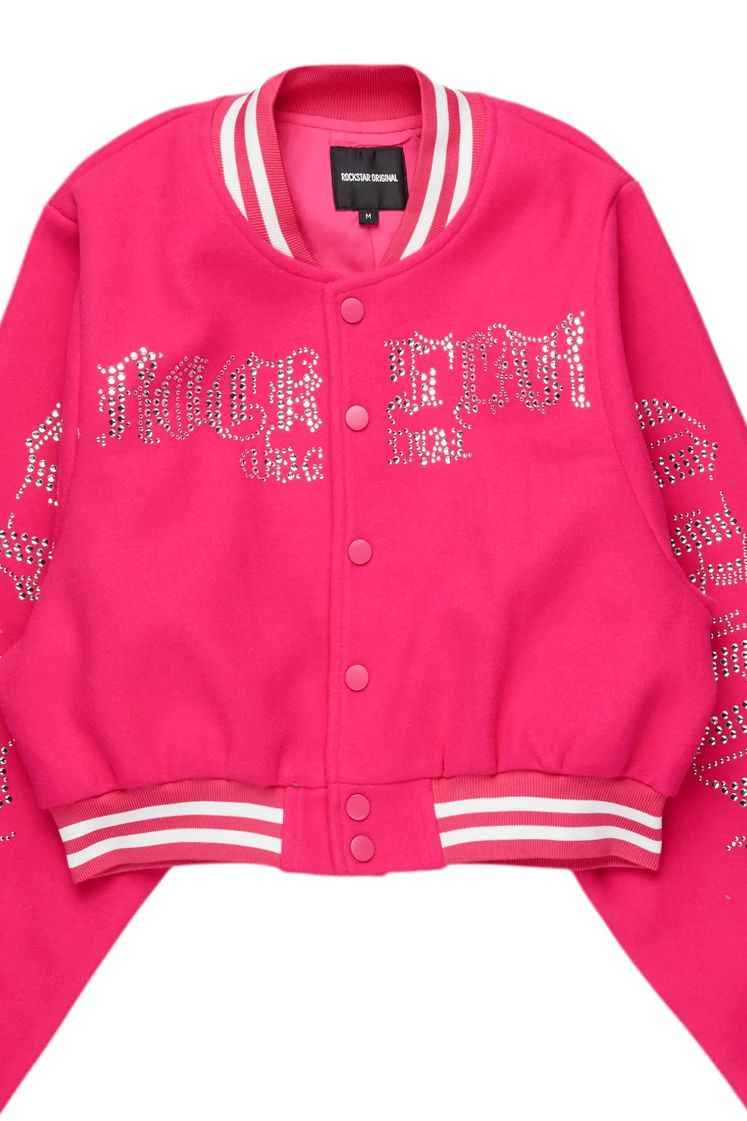 Gianni Hot Pink Crop Rhinestone Varsity Jacket
