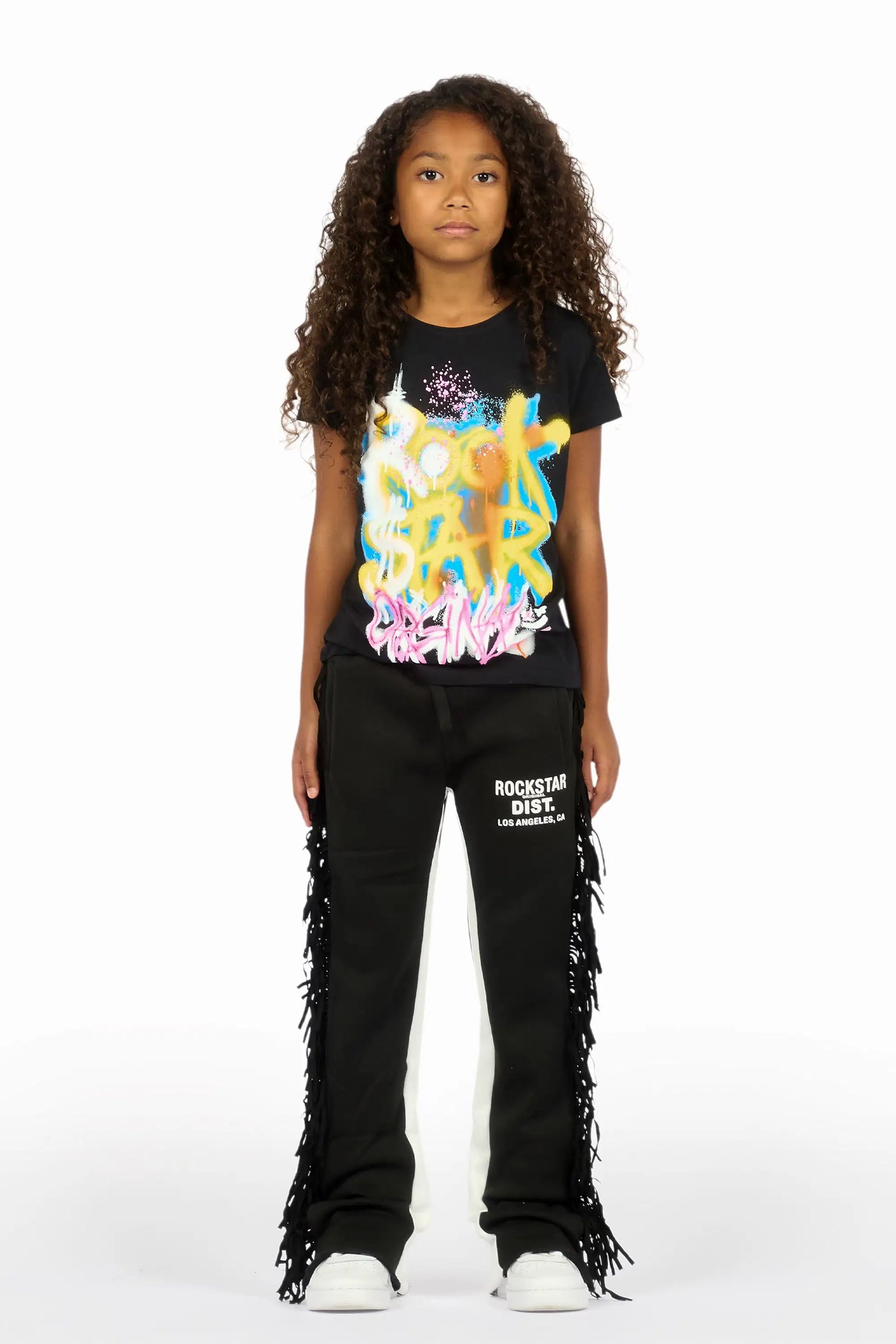 Girls Kendra Black Fringe Stacked Flare Pant