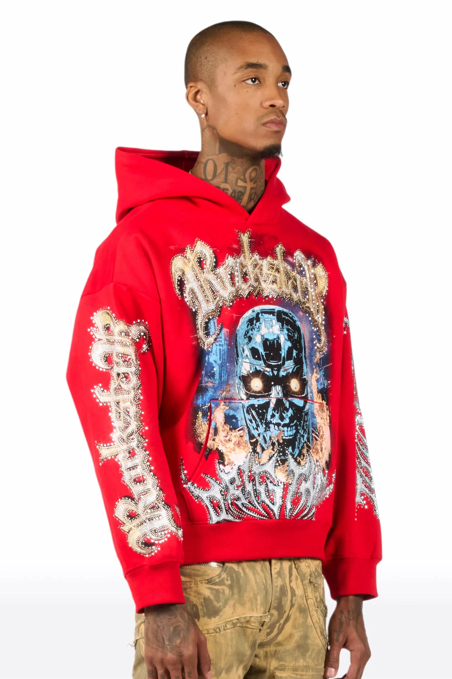 Mesin Red Rhinestone Oversized Hoodie