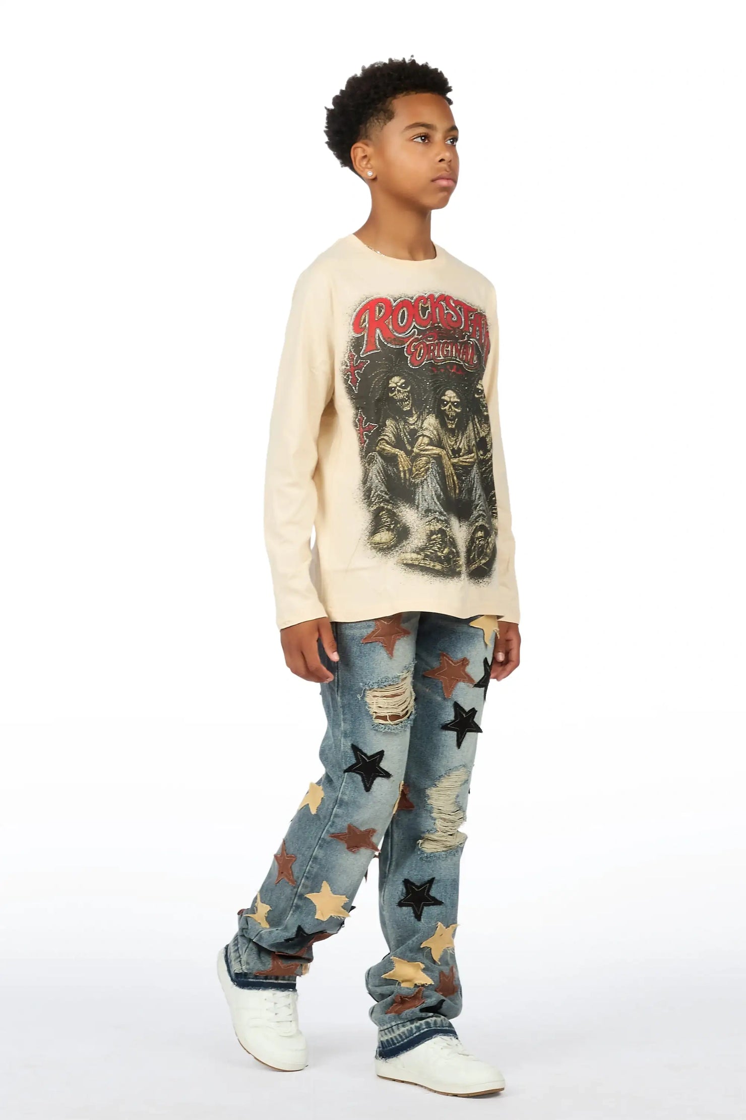 Boys Wilder Sand/Blue Long Sleeve T-shirt Patchwork Jean Set