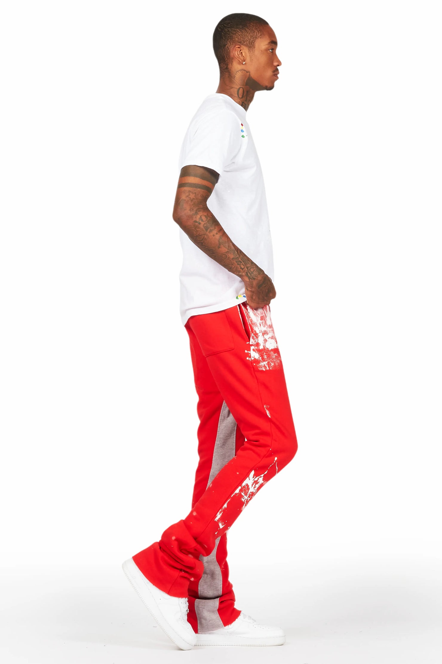 Vassar Red Patchwork Stacked Flare Track Pant