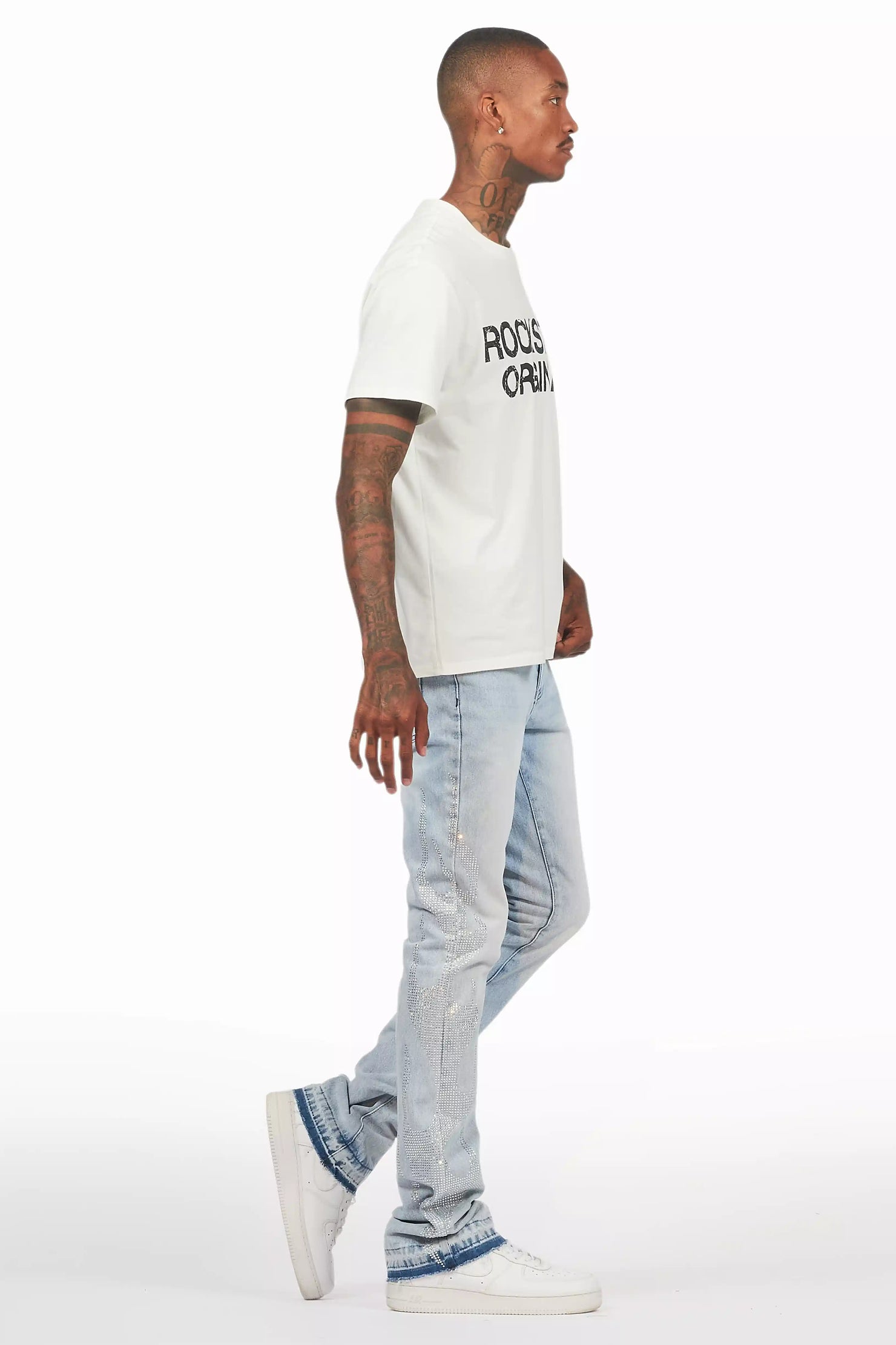 Jian Light Blue Rhinestone Stacked Flare Jean