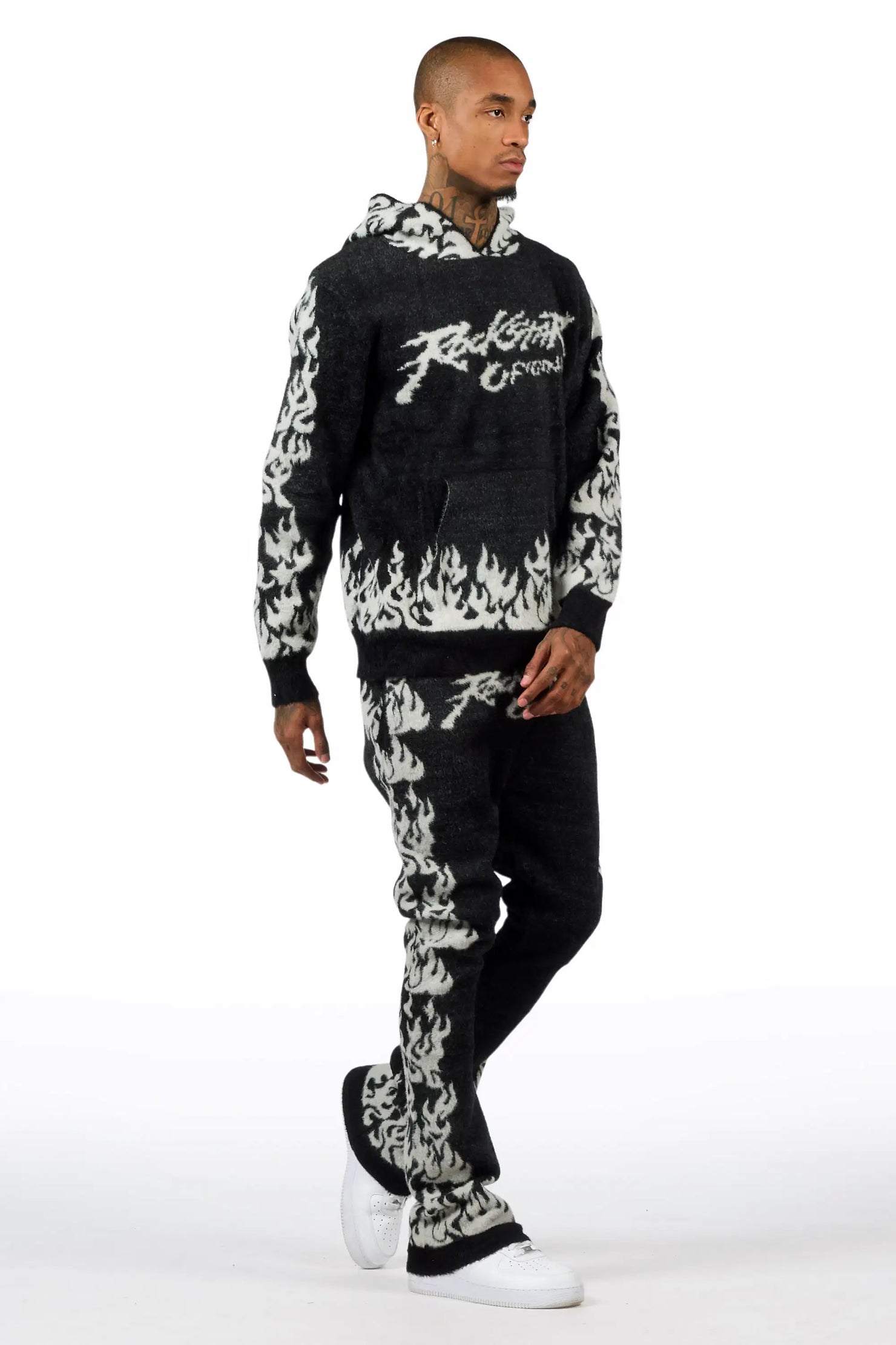 Yash Black Hoodie Stacked Flare Track Set