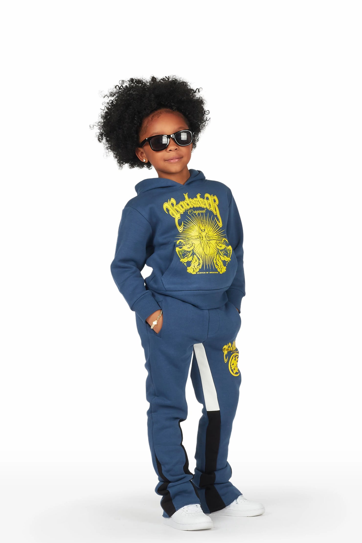 Girls Yadi Navy Hoodie Super Stacked Flare Track Set
