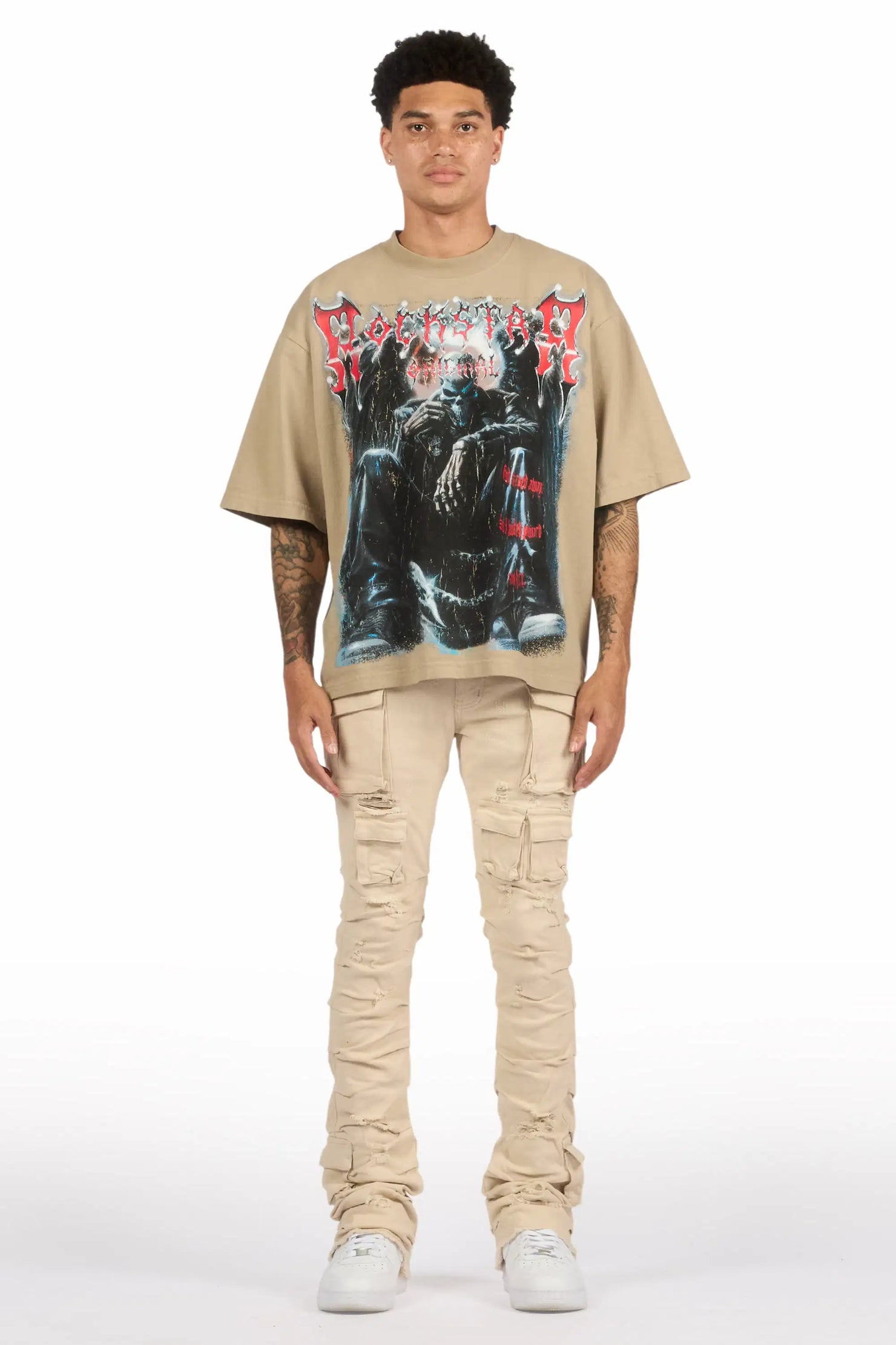 Gentry Light Beige Stacked Flare Jean