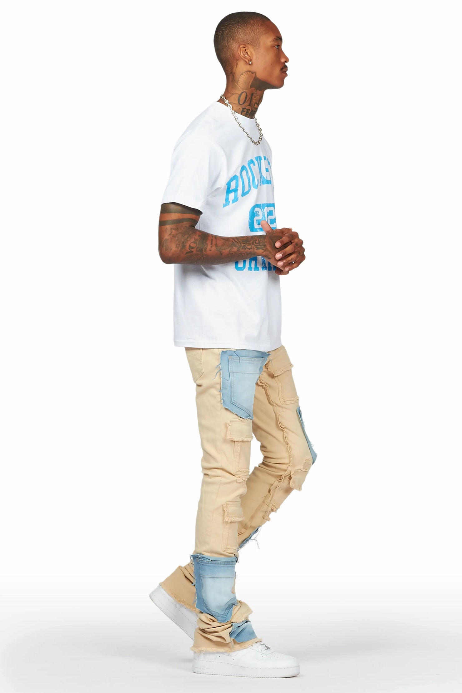 Heath Beige/Blue Patchwork Super Stacked Flare Jean