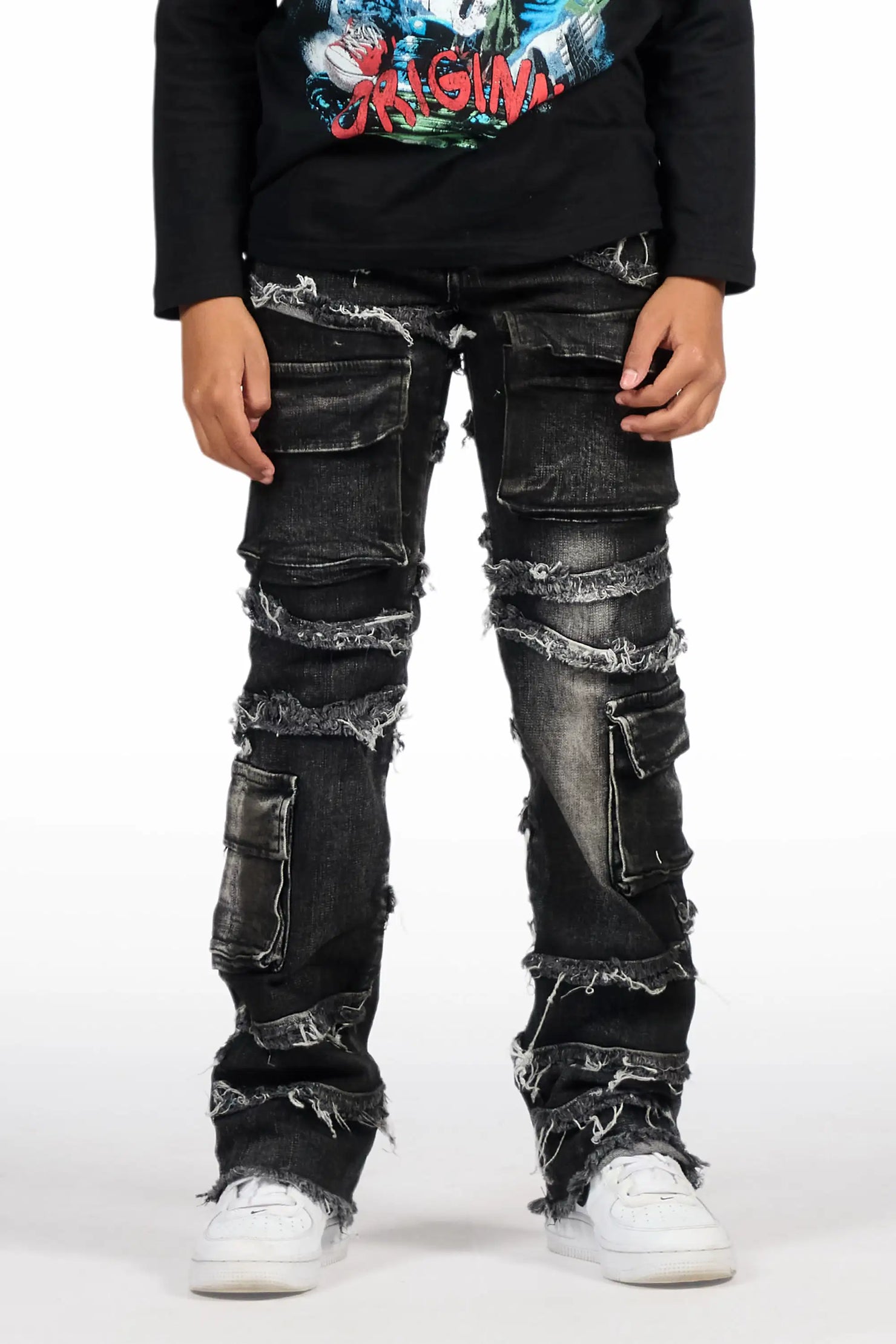 Boys Yves Jet Black Stacked Flare Cargo Jean