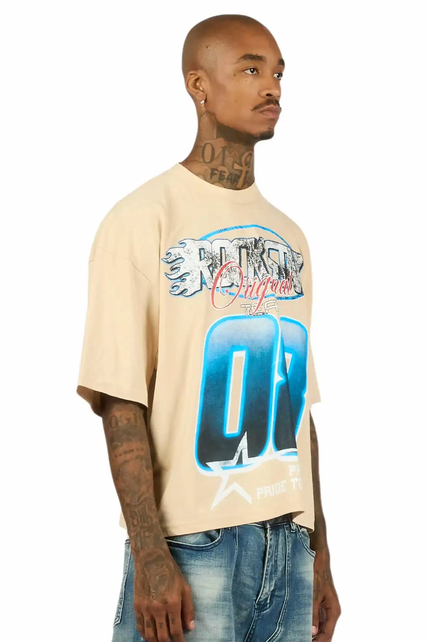 Ryker Beige/Blue Boxy Crop T-Shirt