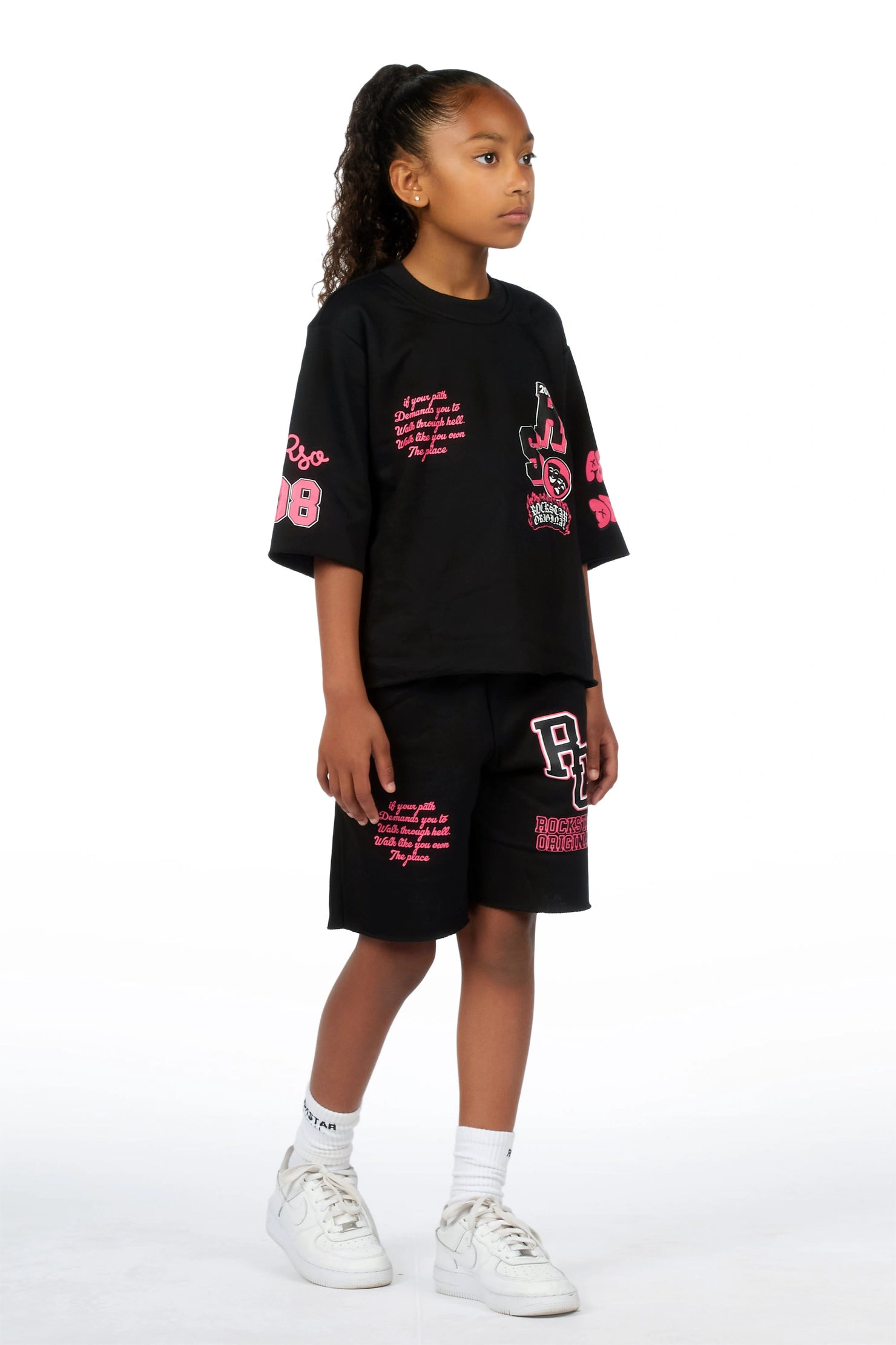 Girls Leslee Black/Pink Boxy T-Shirt Short Set