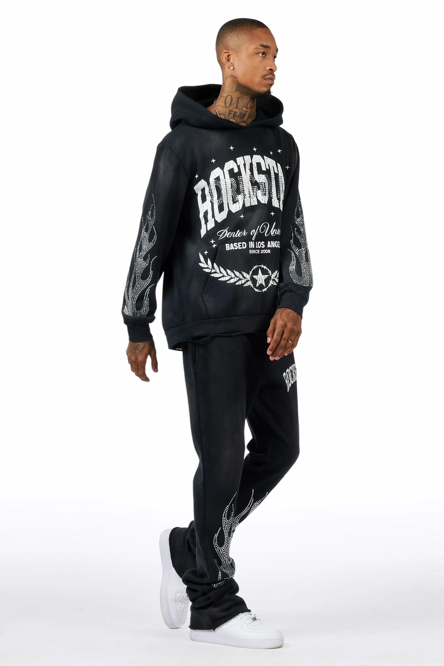 Strass Black Rhinestone Hoodie/Stacked Pant Track Set