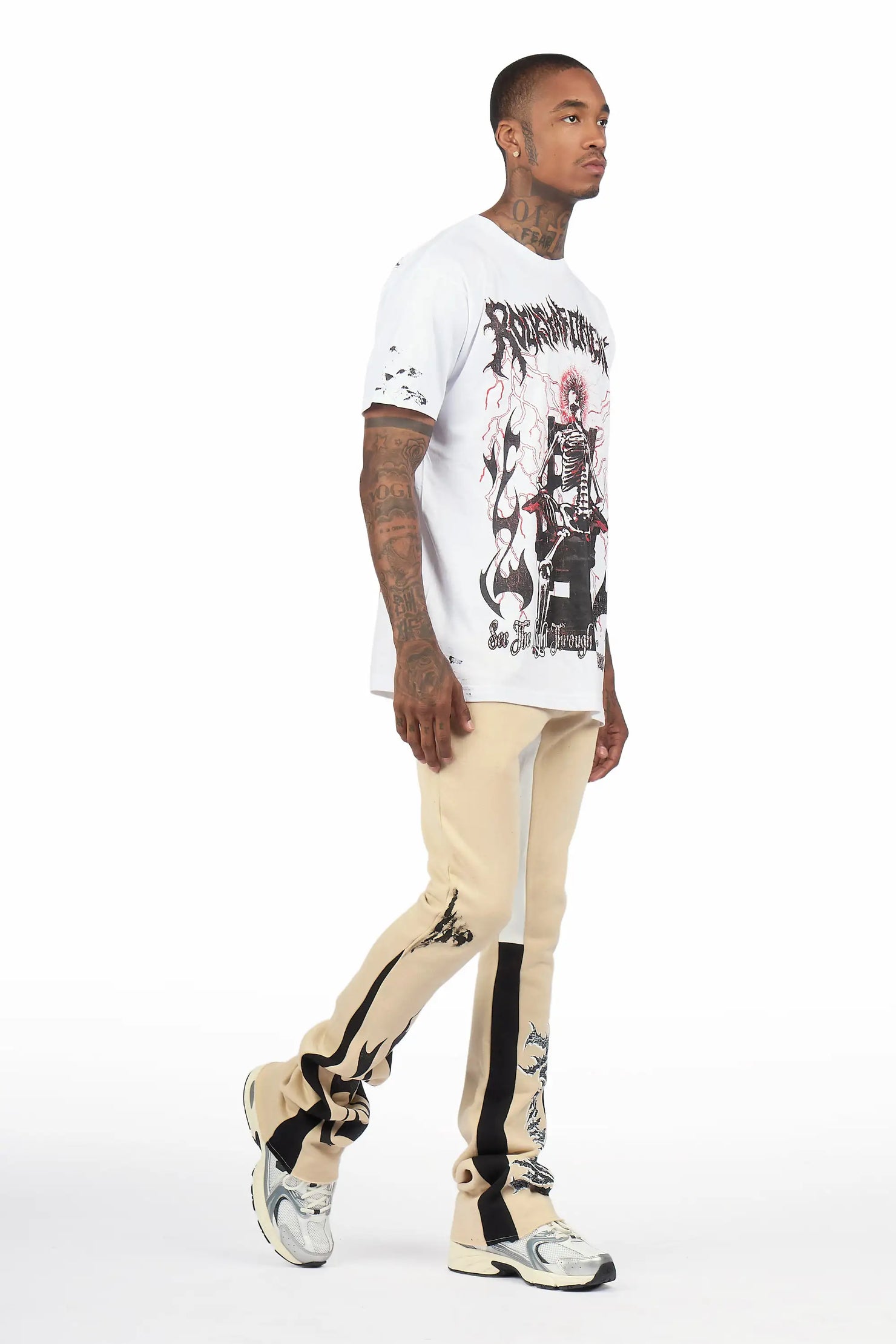 Deathrow 2.0 White/Beige T-Shirt/Stacked Flare Pant Set