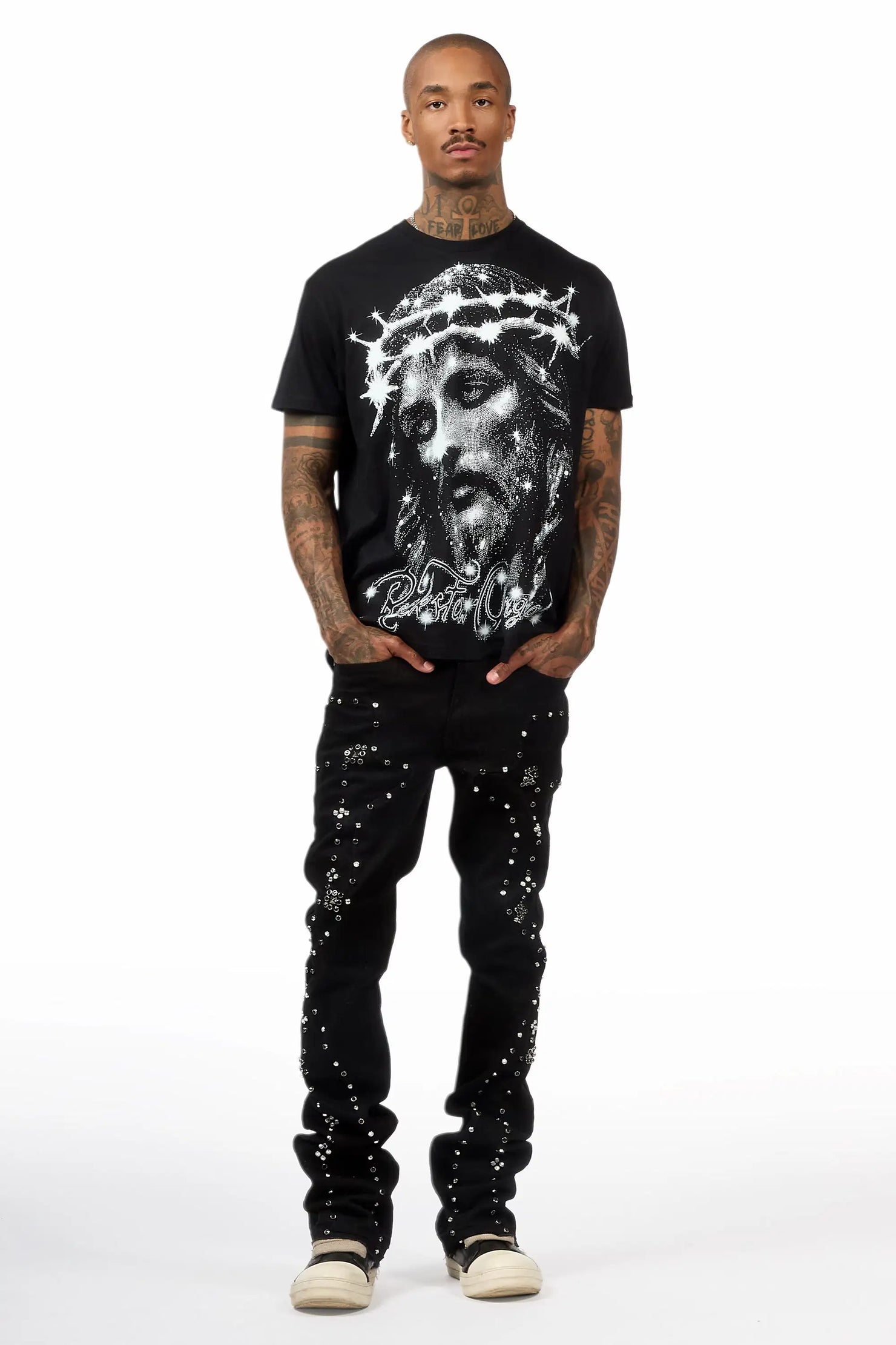 Chaz Jet Black Stud Stacked Flare Jean