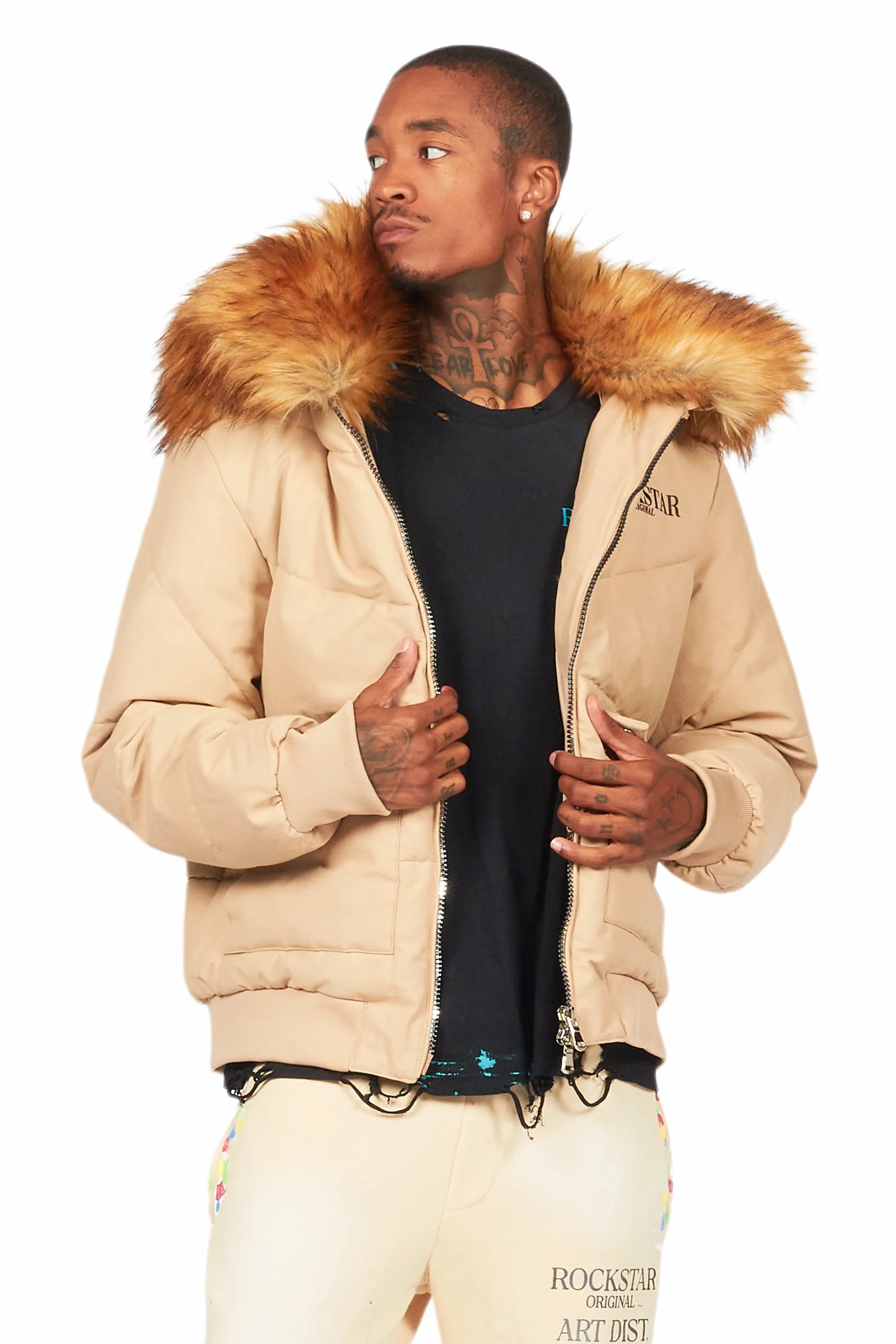 Langston Beige Puffer Jacket with Fur Hood