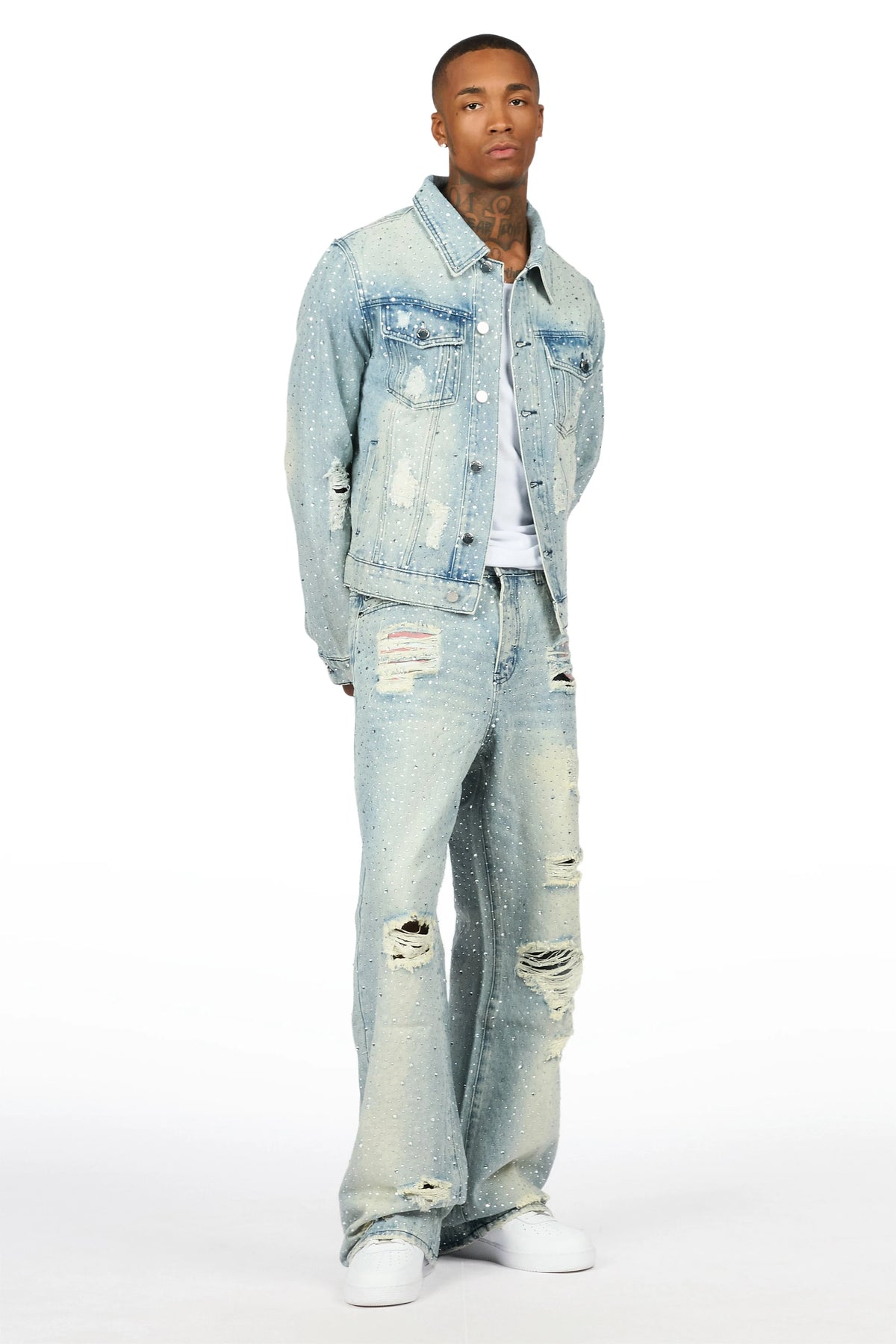 Discolite Tint Blue Rhinestone Denim Jacket/Baggy Jean Set