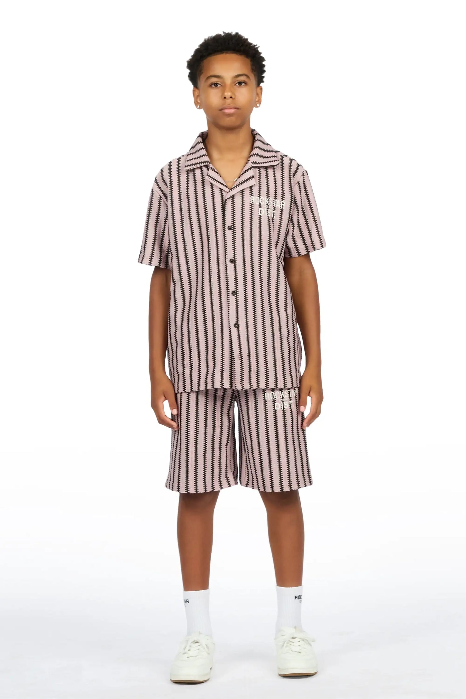 Boys Gerald Light Pink/Black Button Down Shirt/Short Set