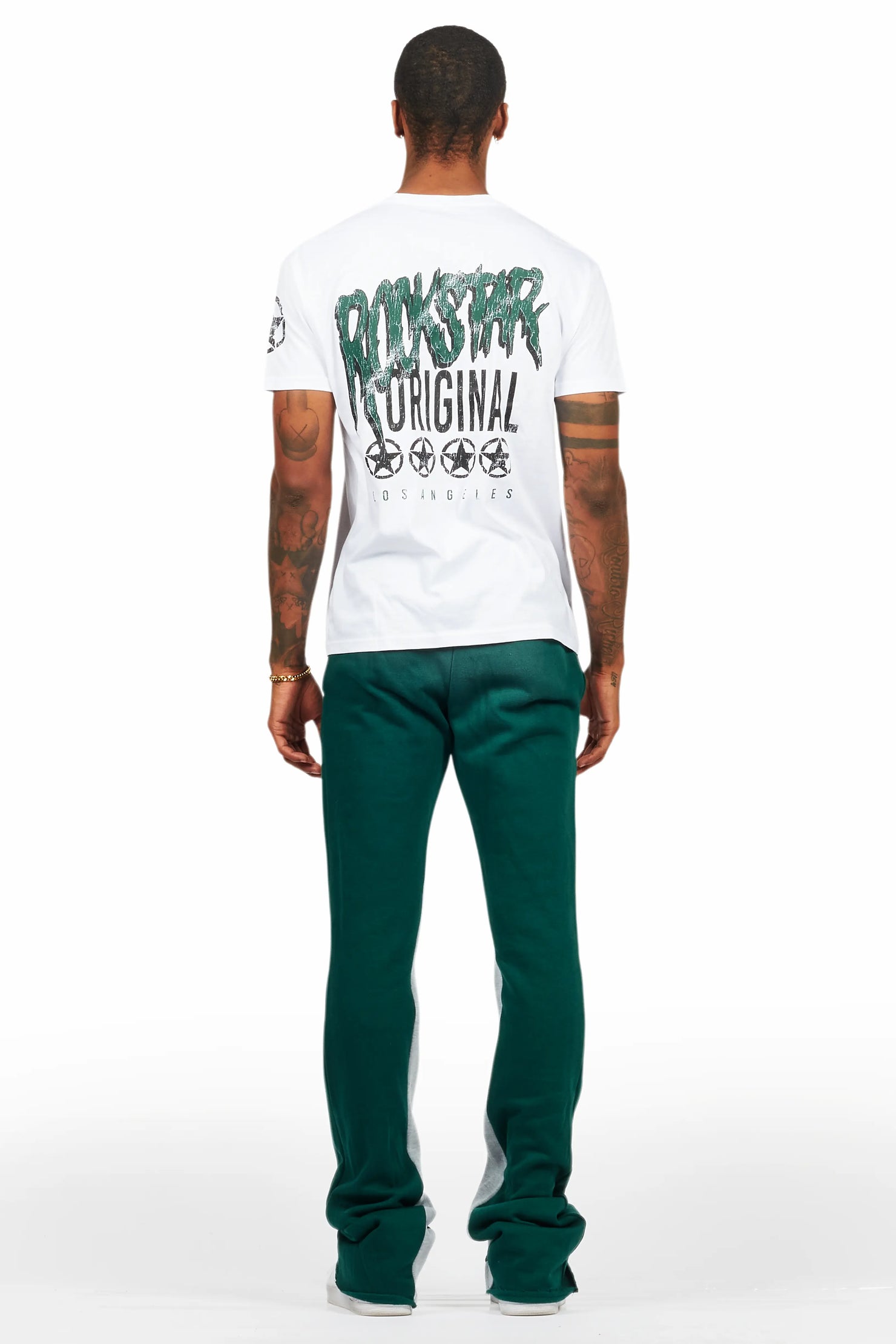 Wizzurd White/Green T-Shirt/Stacked Baggy Track Pant Set