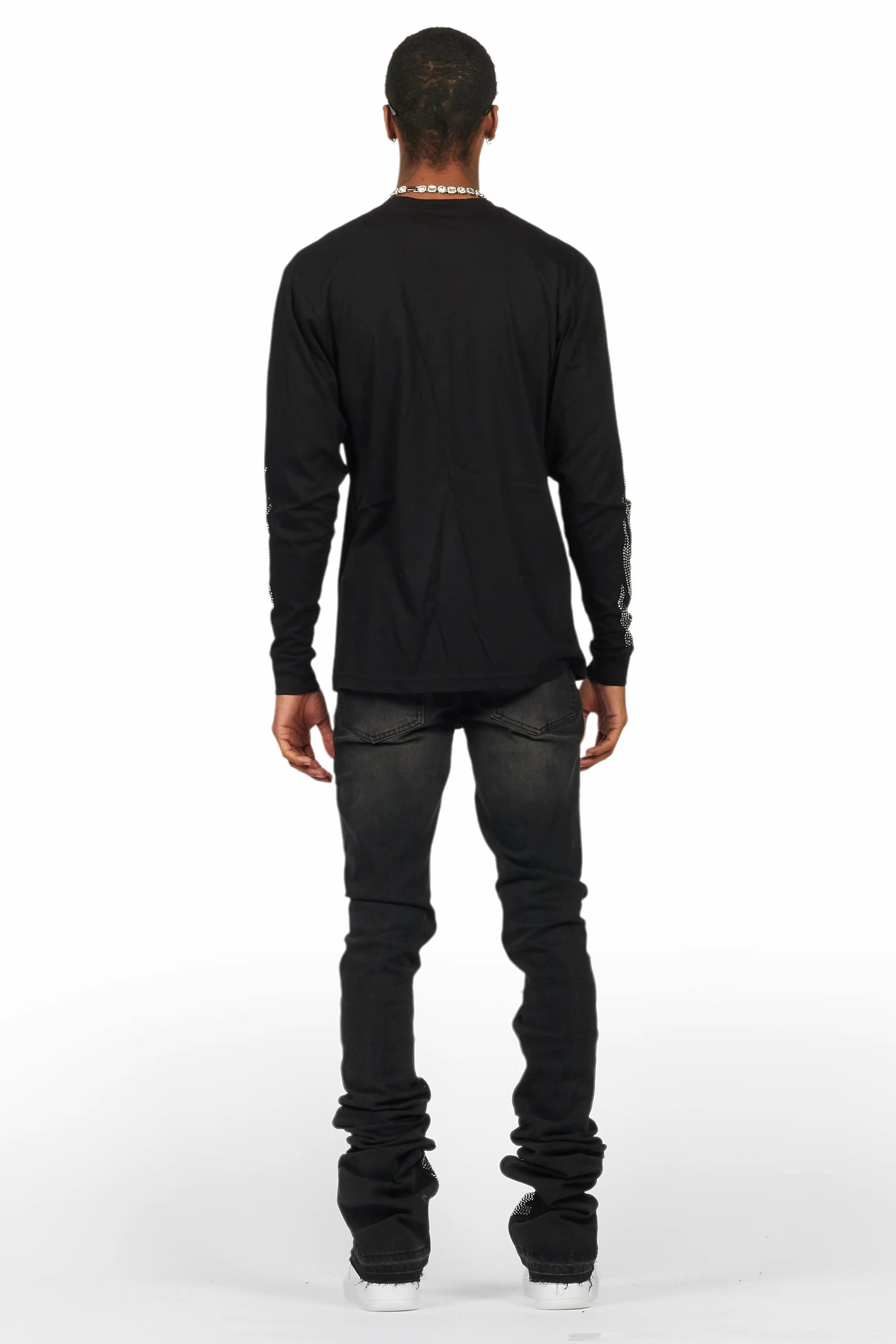 Amina Black Rhinestone Long Sleeve T-Shirt/Super Stacked Flare Jean Set