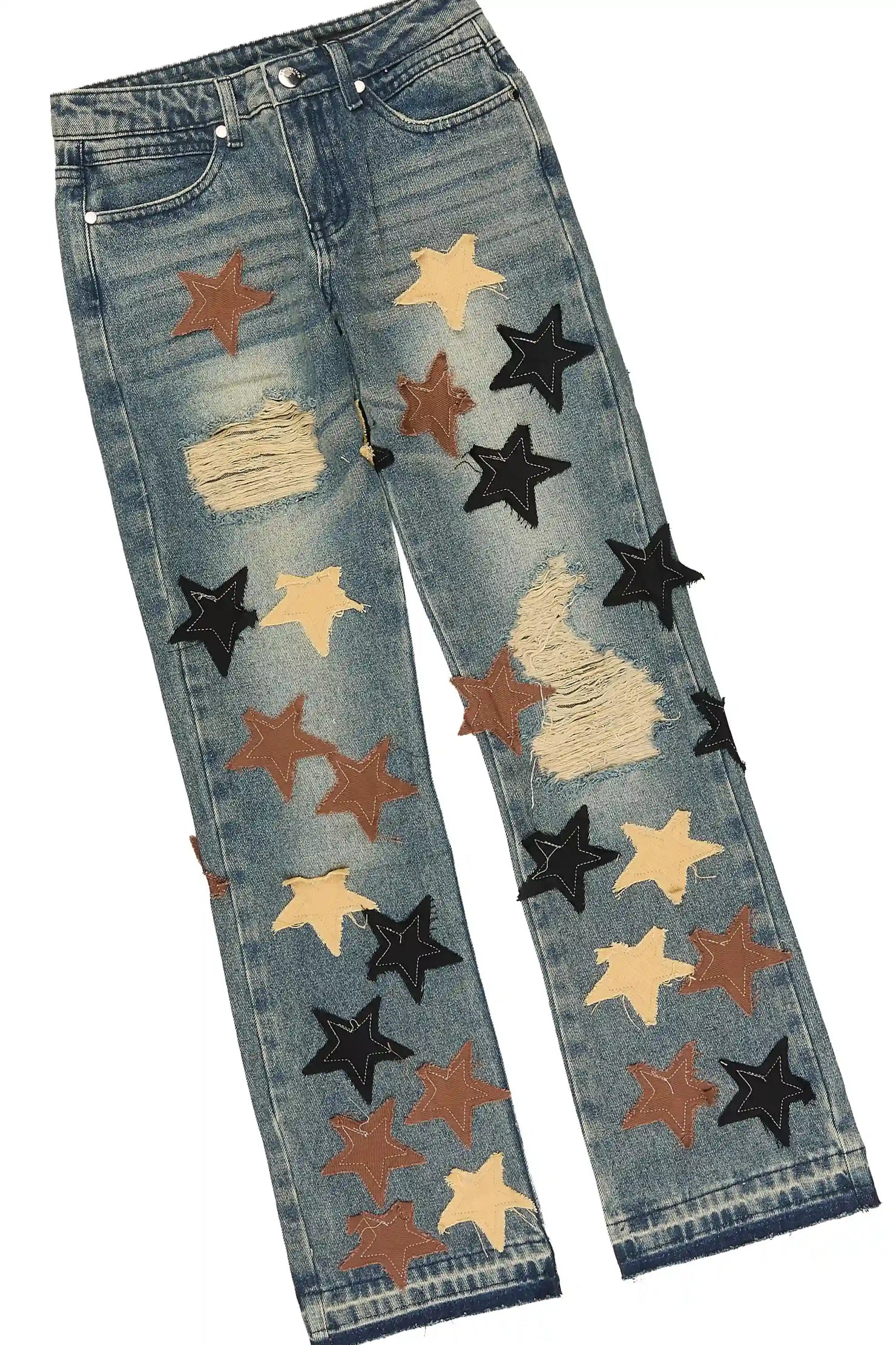 Boys Wilder Sand/Blue Long Sleeve T-shirt Patchwork Jean Set