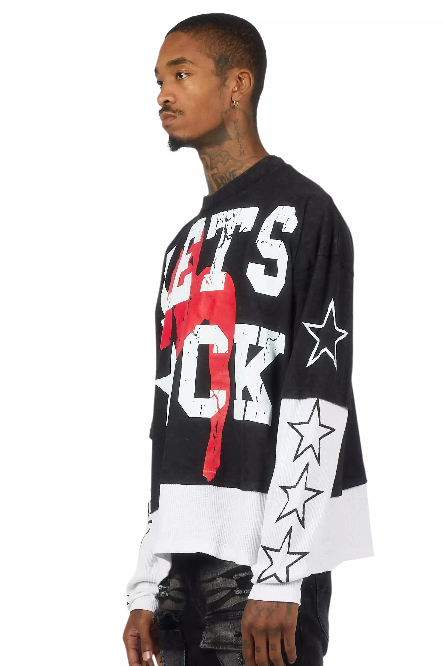 Pacino Vintage Black/White Boxy Crop Double Layer Tee